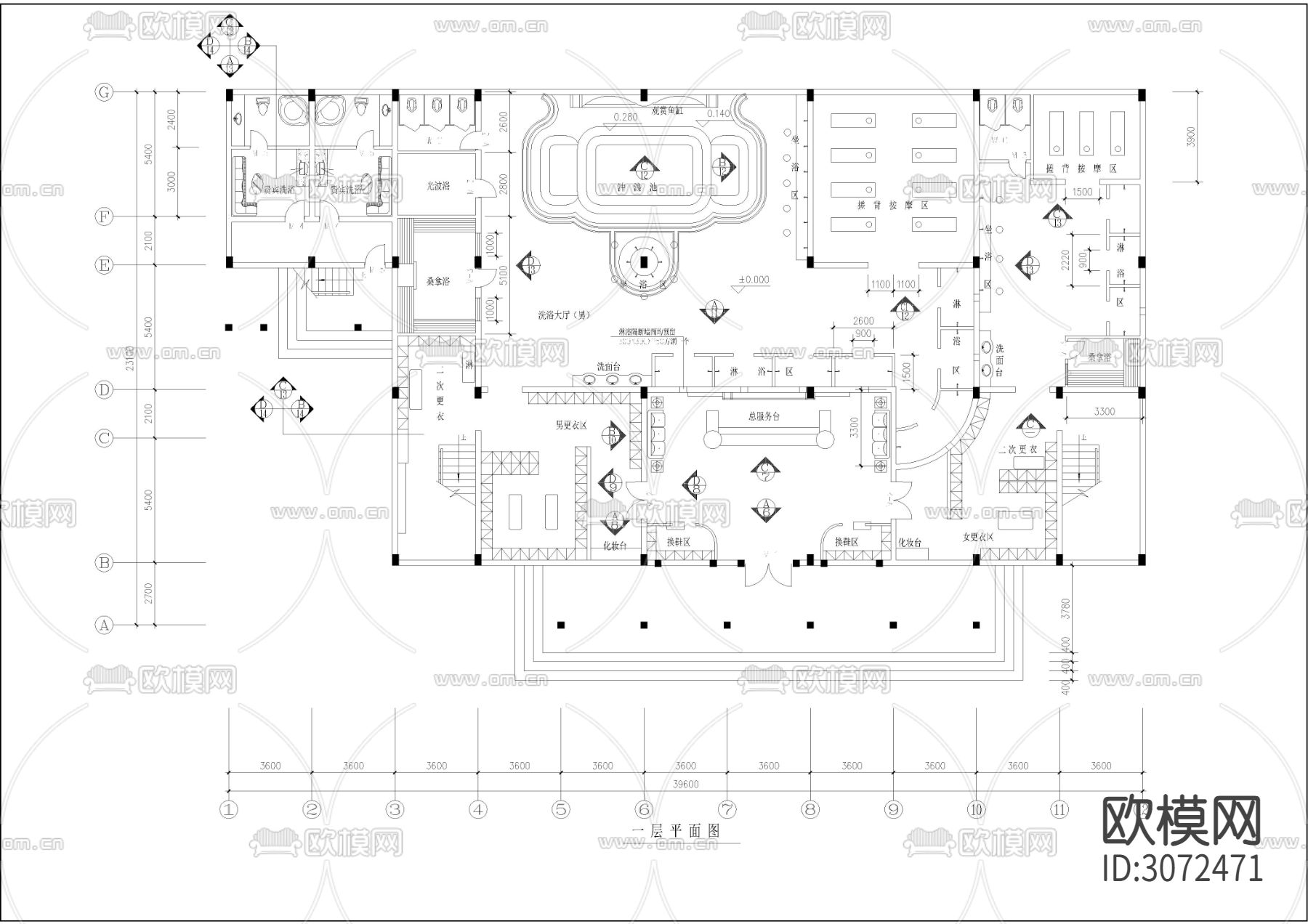 1560㎡汤泉 水疗 洗浴会所cad施工图下载（渲染图1）