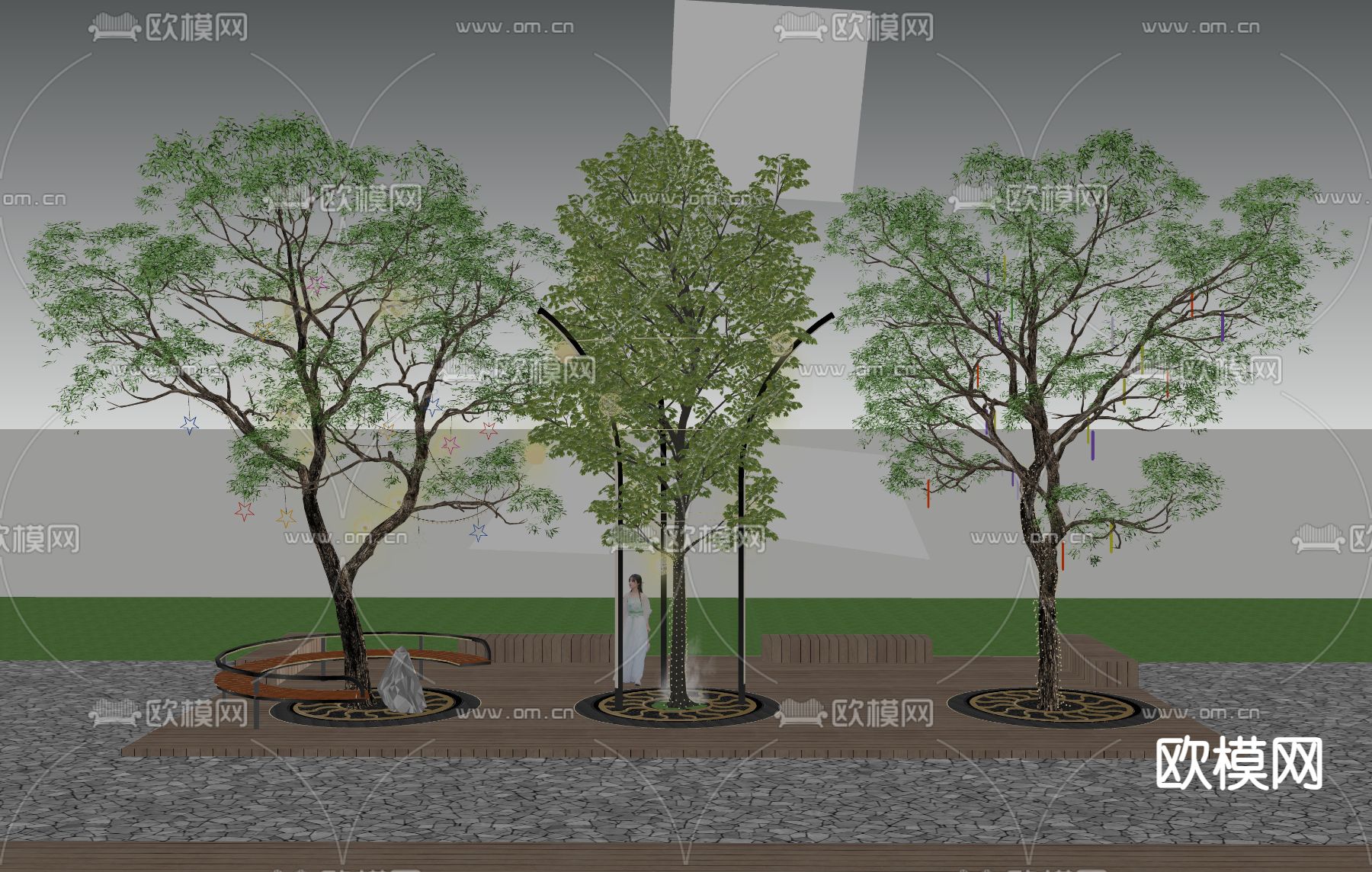 乔木 景观树 挂树灯 LED照树灯 景观树池su模型