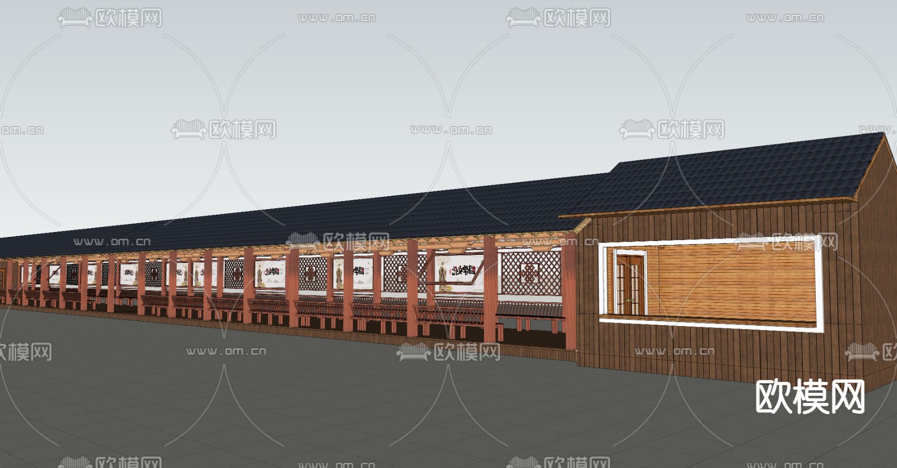 新中式廊架 长廊su模型下载（渲染图5）