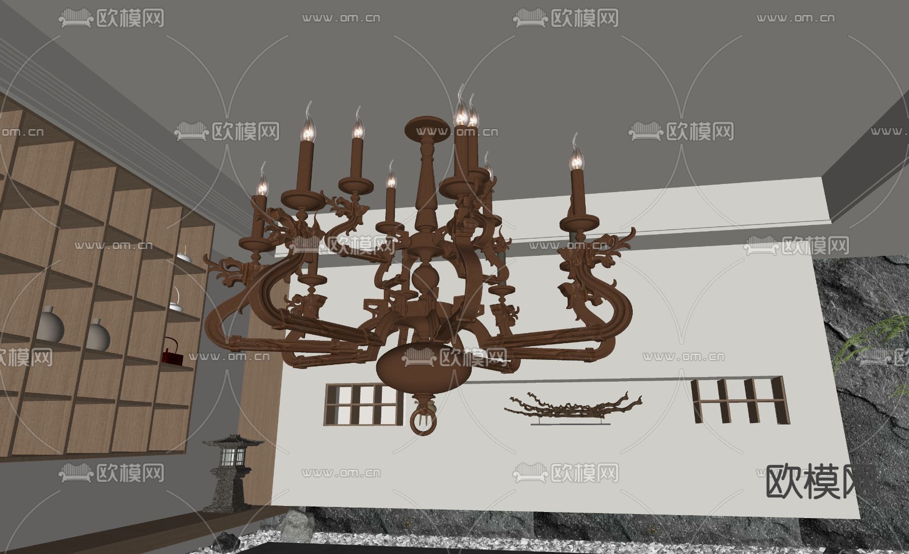 美式多头吊灯su模型下载（渲染图2）