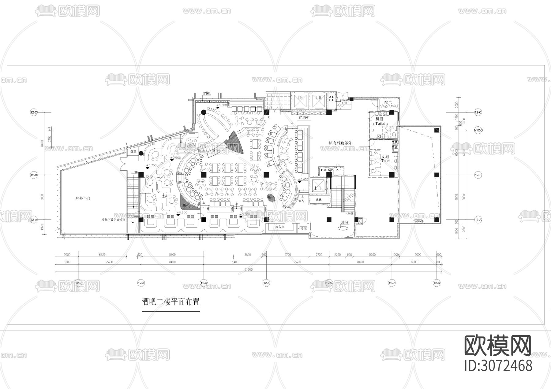 1260㎡ 酒吧 休闲会所cad施工图下载（渲染图1）