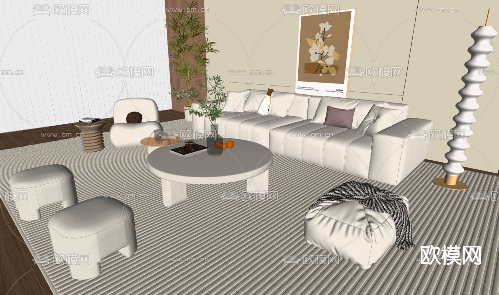 奶油风组合沙发su模型下载（渲染图2）