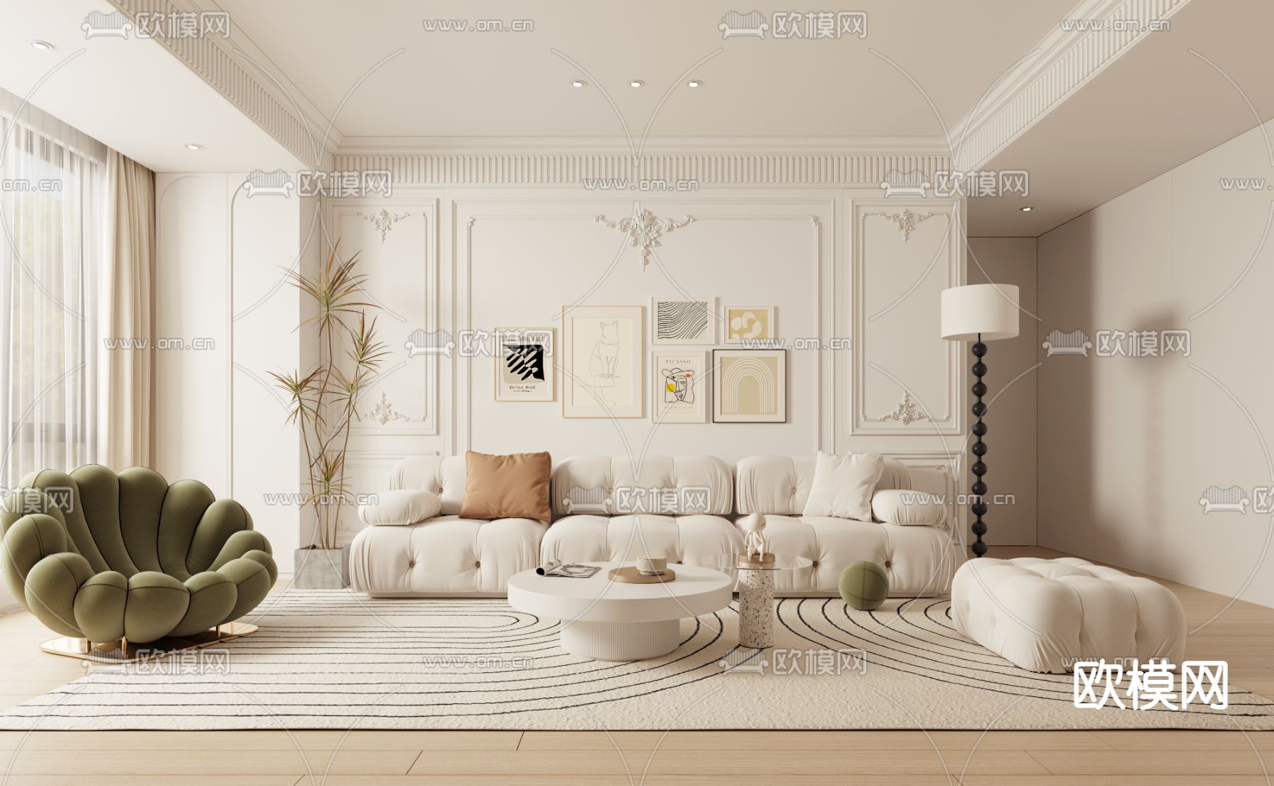 奶油风客厅3d模型下载