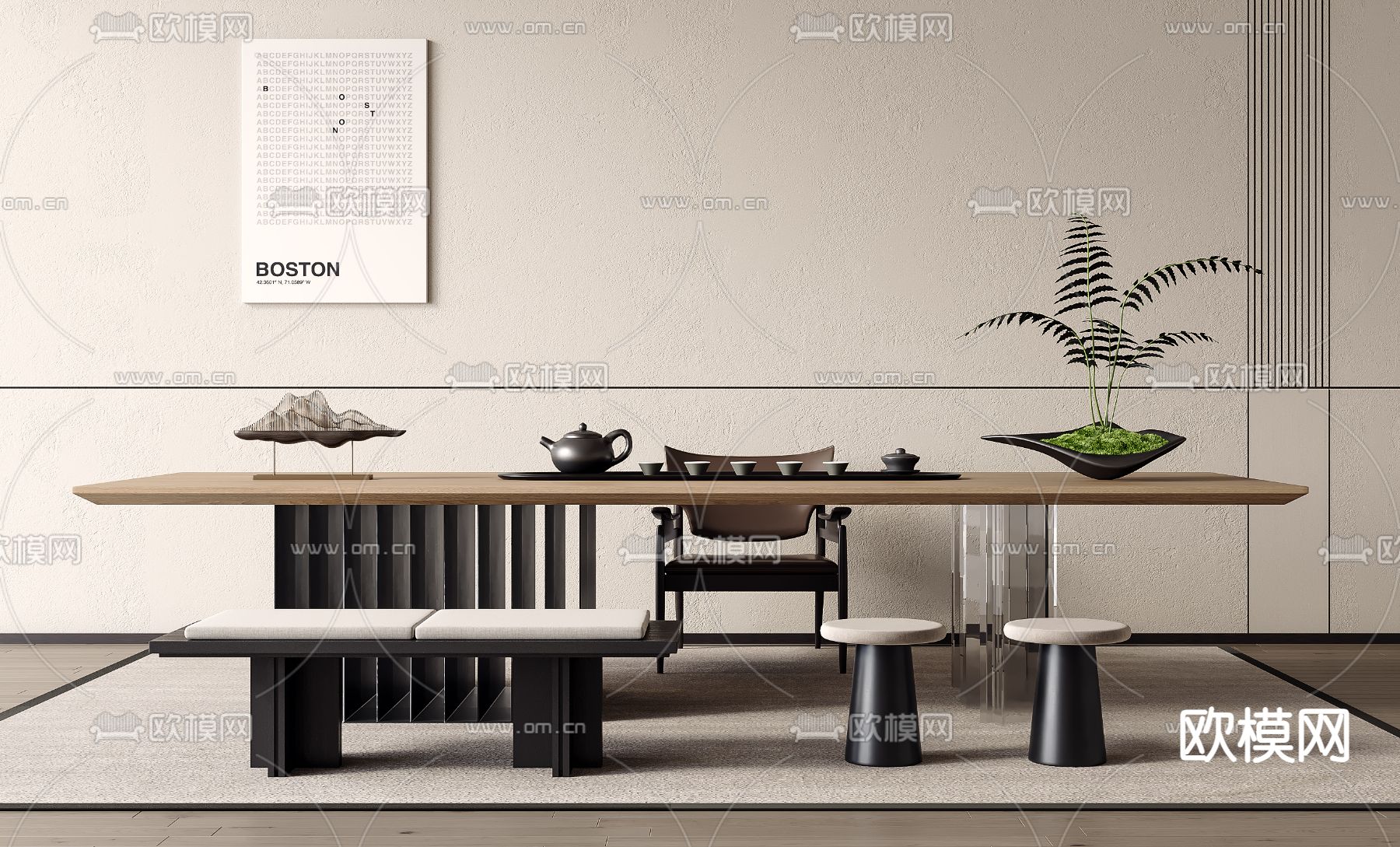 新中式茶桌 茶台su模型下载（渲染图2）