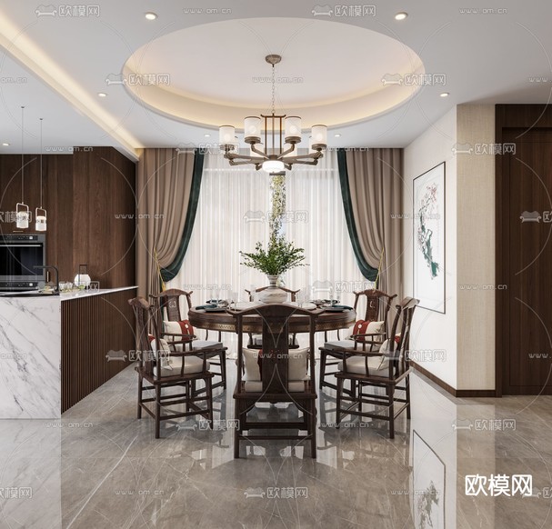 新中式客餐厅免费3d模型下载(渲染图3)