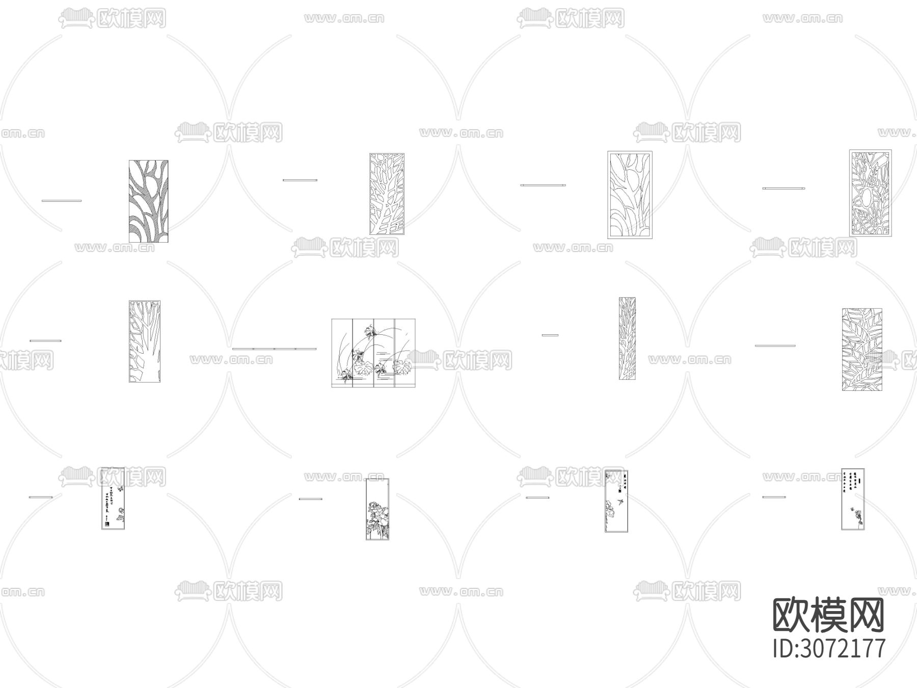中式带植物图案花纹隔断 屏风cad图库下载