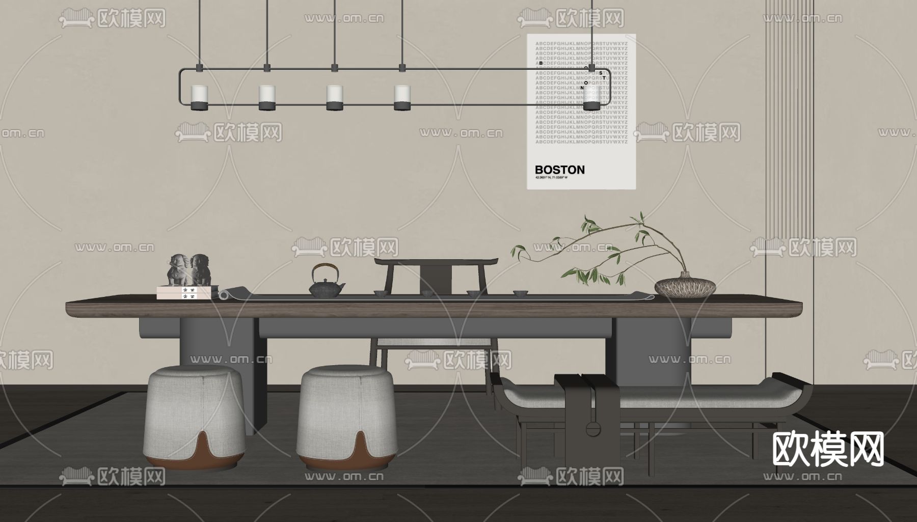 新中式茶桌椅su模型下载（渲染图1）