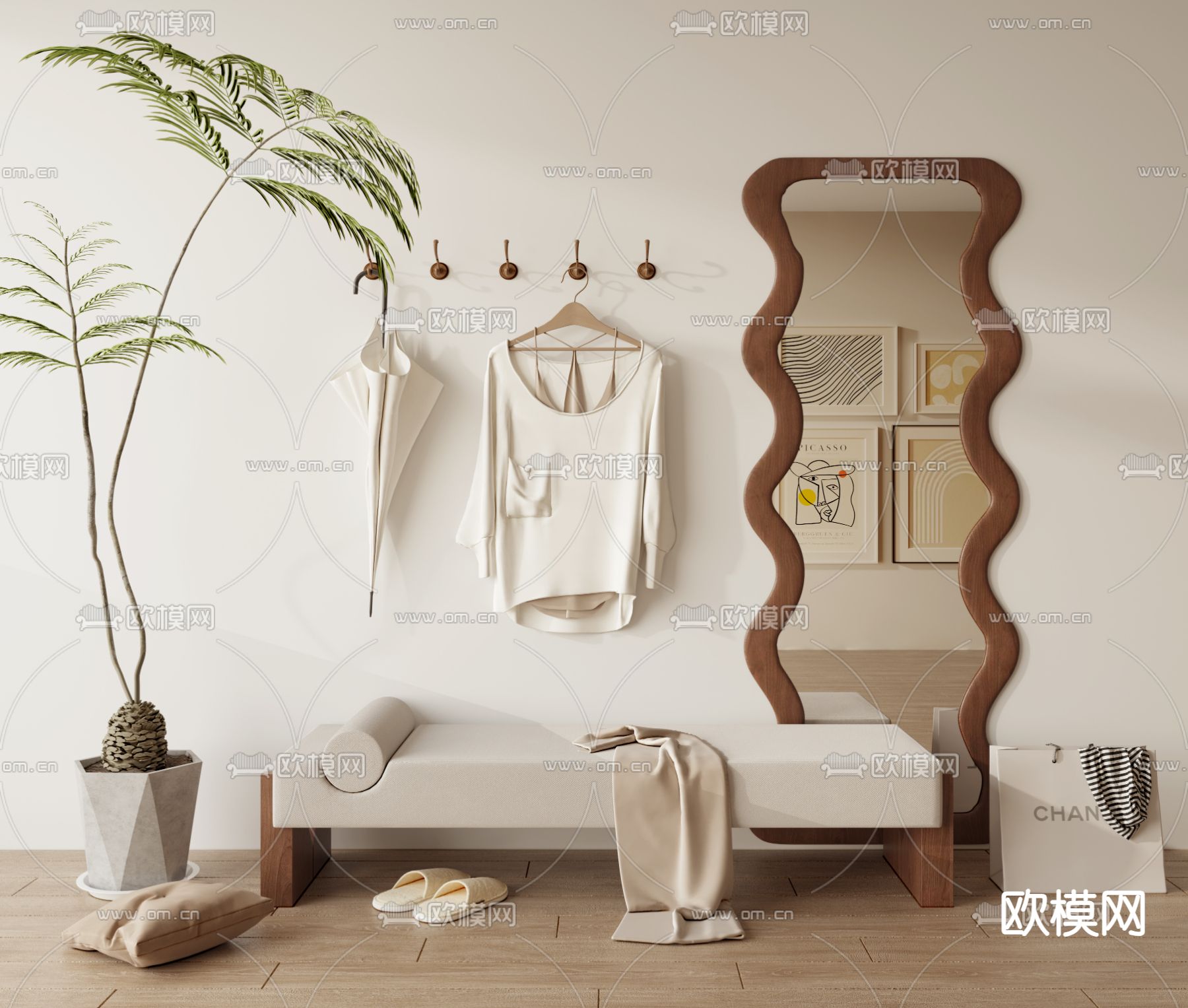 全身镜 换鞋凳 脚踏 挂衣钩3d模型下载