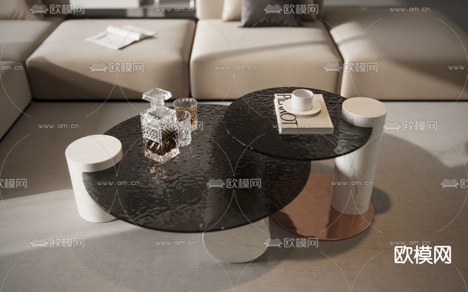 子母茶几 艺术玻璃茶几3d模型下载(渲染图2)
