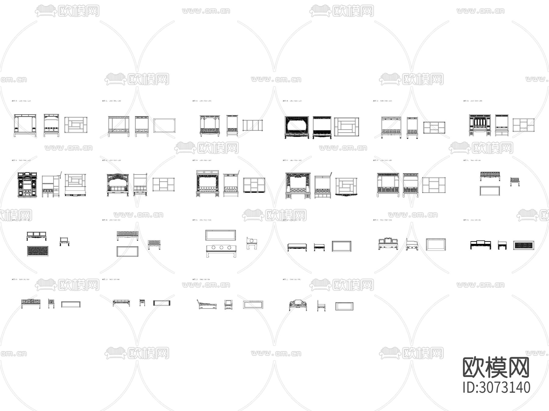 中式家具 床榻平面图cad图库下载