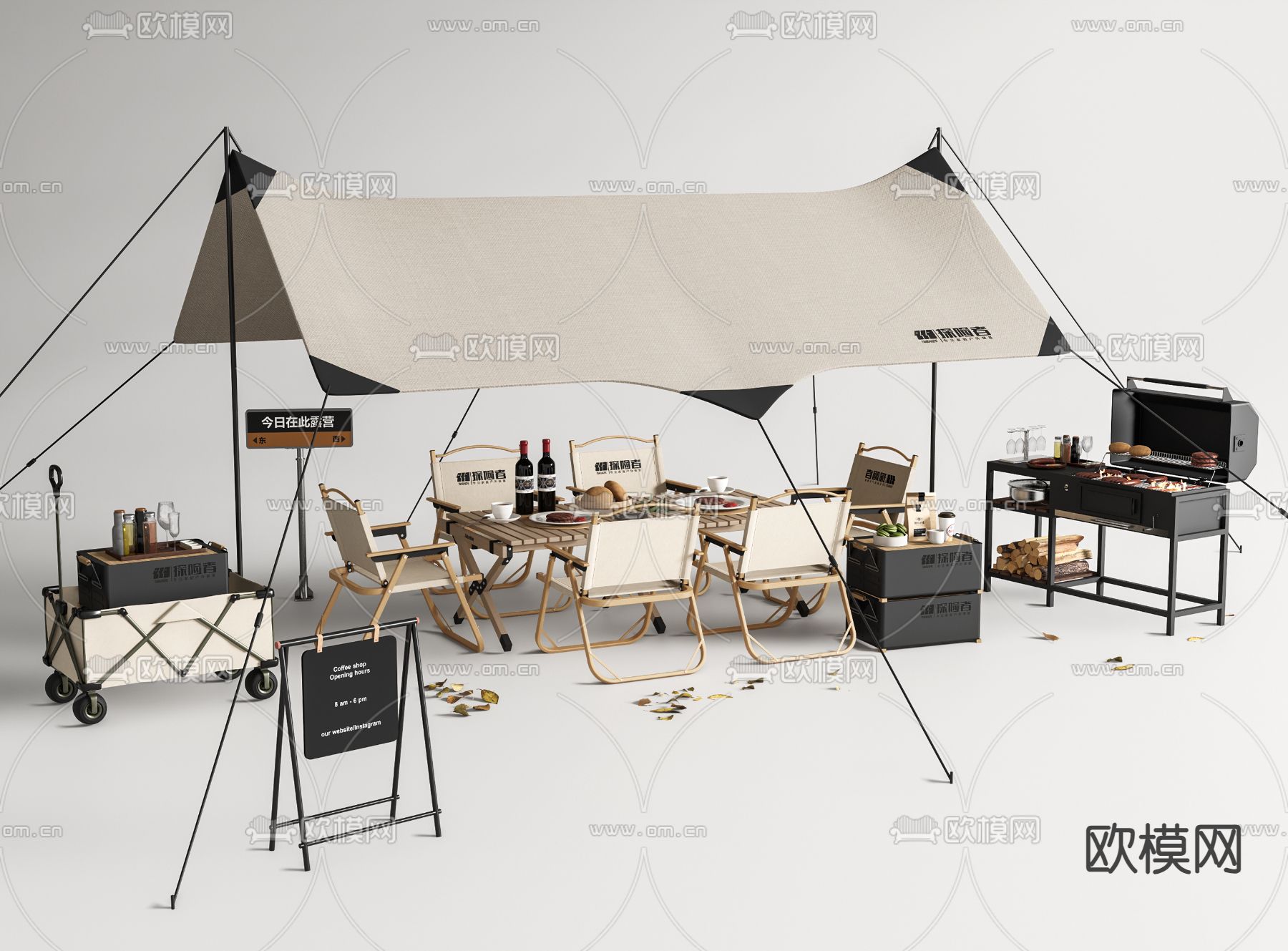 露营帐篷 户外桌椅 折叠桌椅 烧烤架 天幕su模型下载（渲染图2）