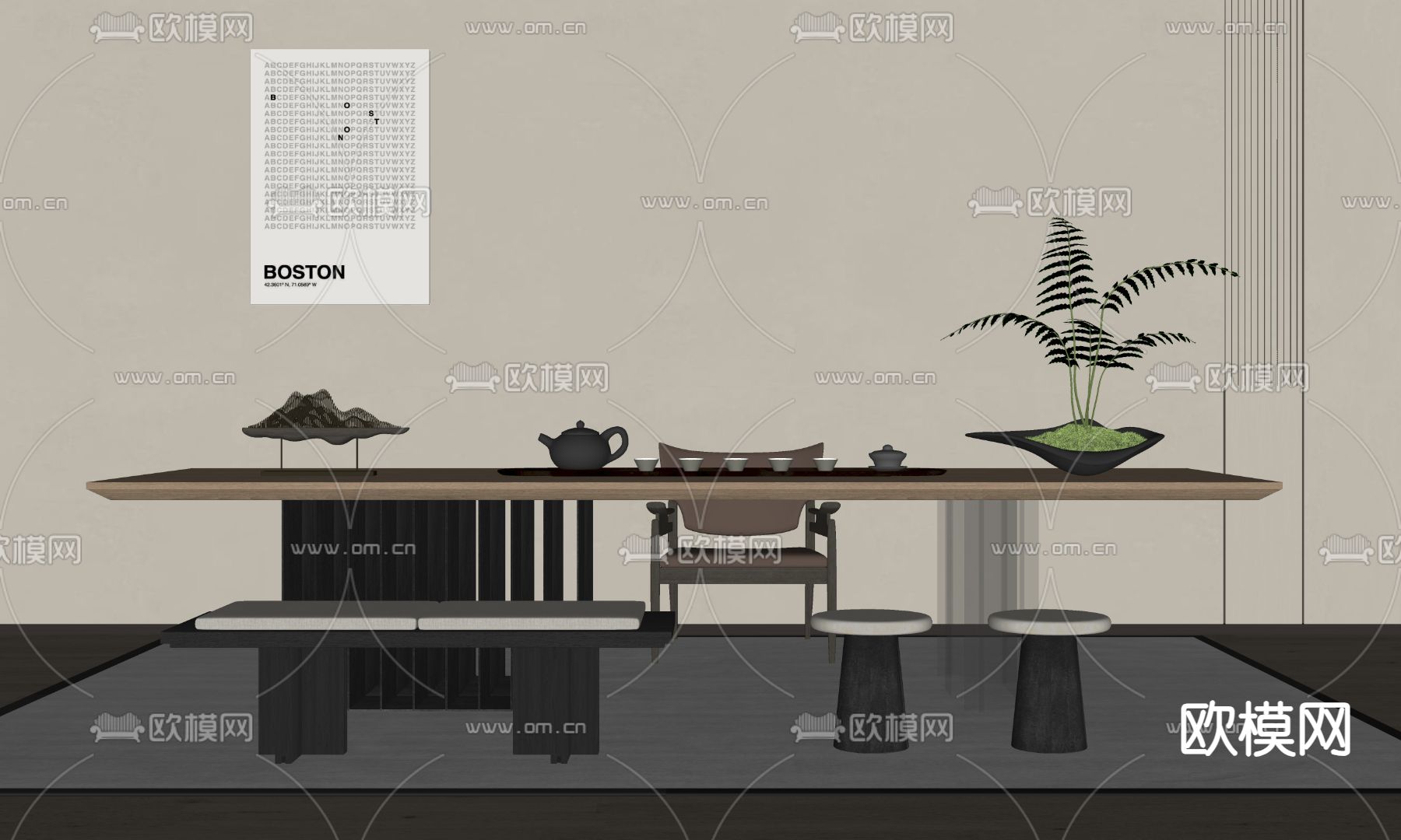 新中式茶桌 茶台su模型下载（渲染图1）