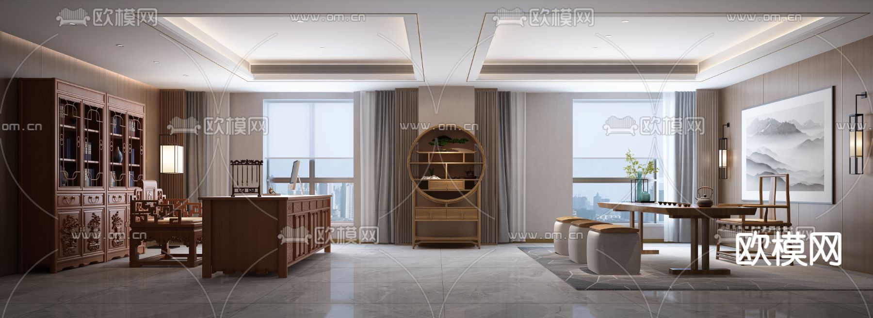 新中式书房免费3d模型下载