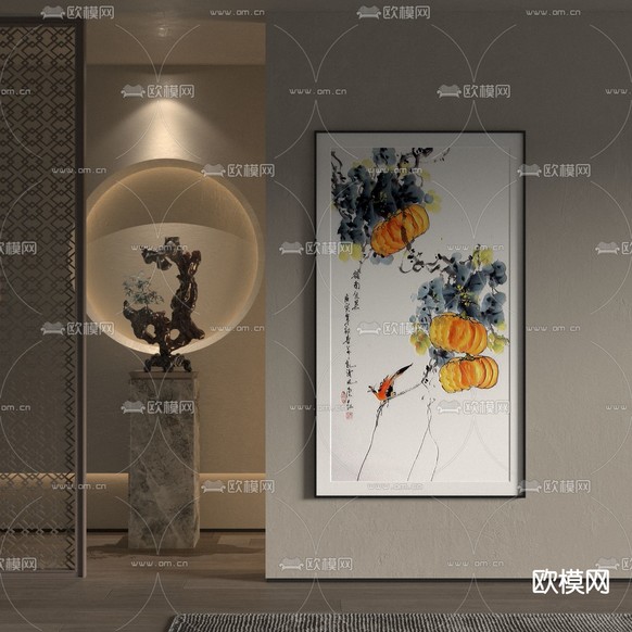 新中式装饰画 禅意挂画 南瓜画3d模型下载
