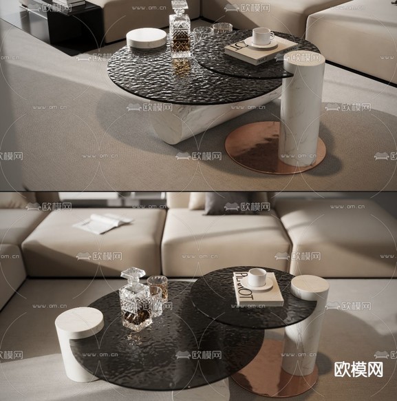 子母茶几 艺术玻璃茶几3d模型下载(渲染图1)