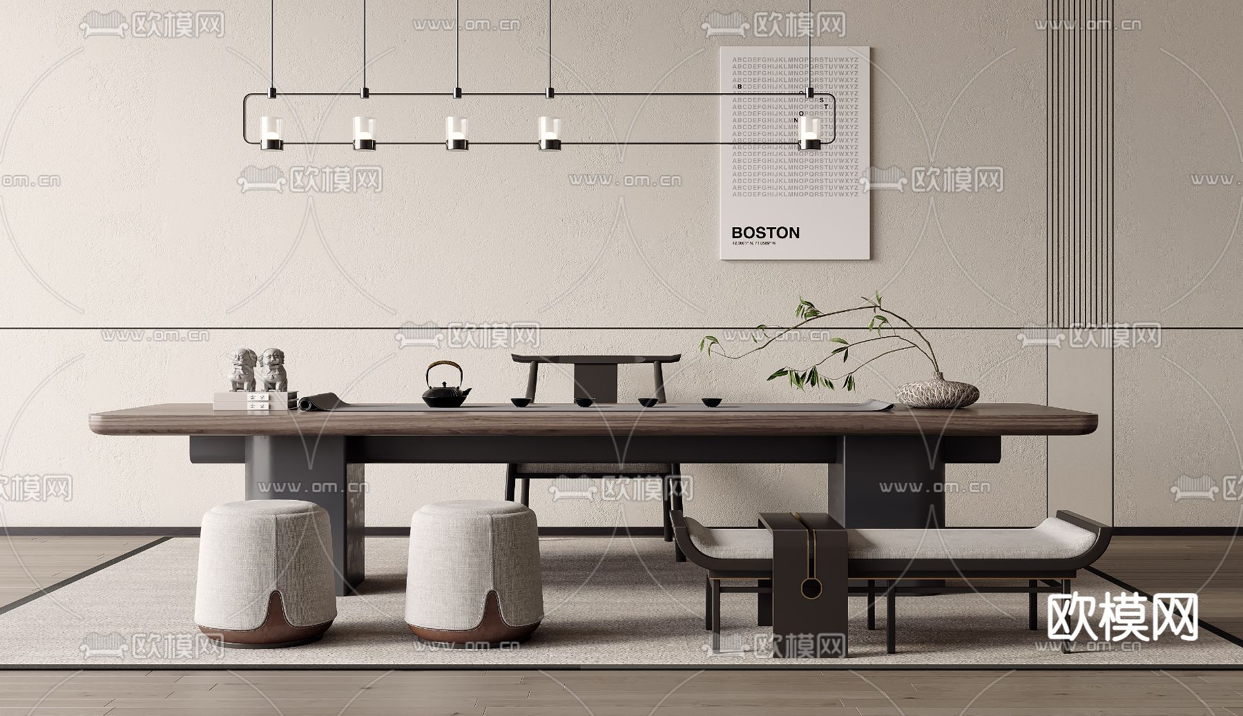 新中式茶桌椅su模型下载（渲染图2）