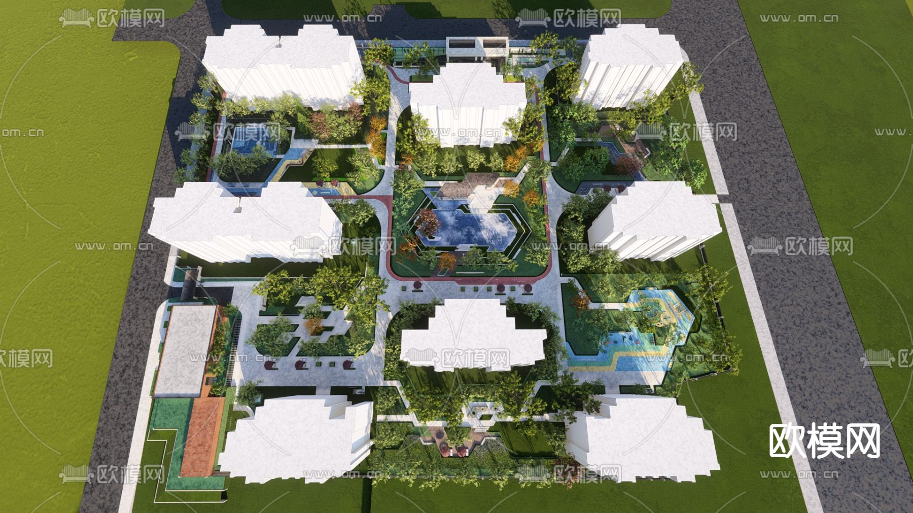 小区景观 休闲区域鸟瞰su模型下载（渲染图2）