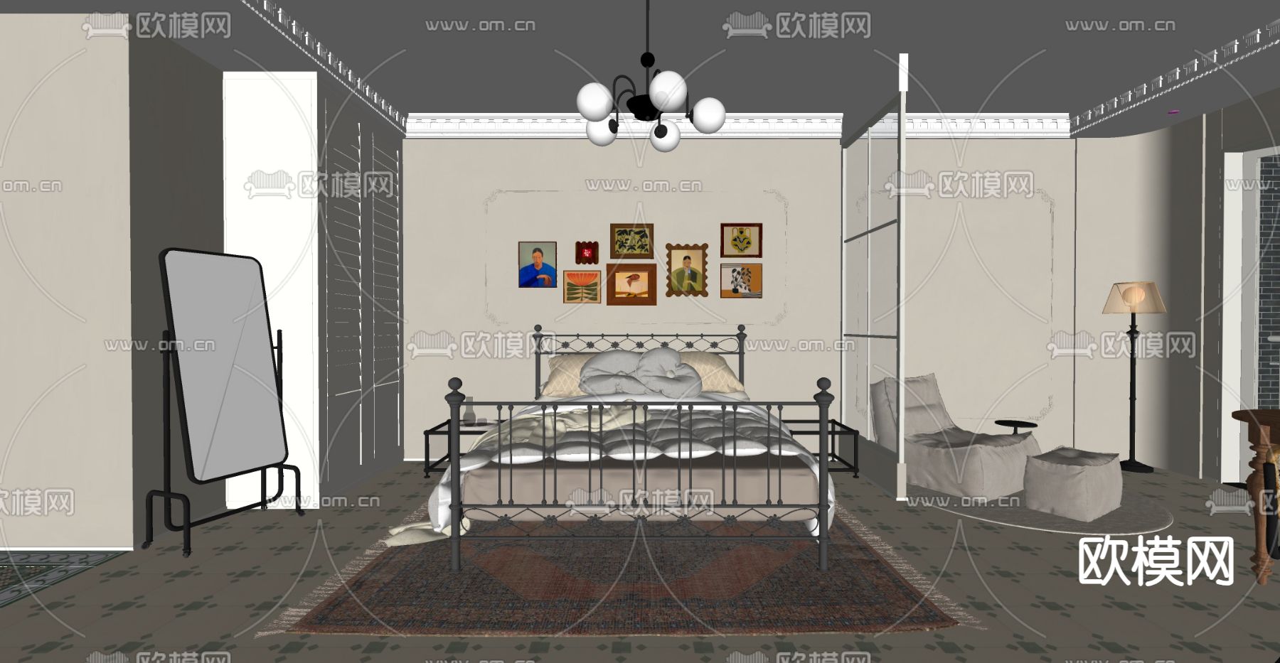 法式卧室 公寓 餐厅 厨房su模型下载（渲染图1）