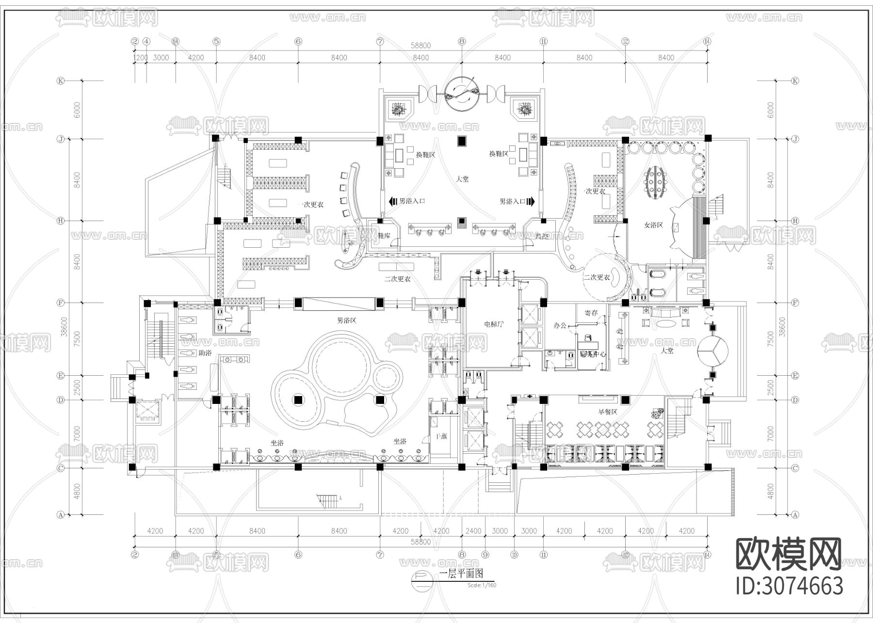 4100㎡汤泉 水疗 洗浴 休闲会所cad施工图下载（渲染图2）