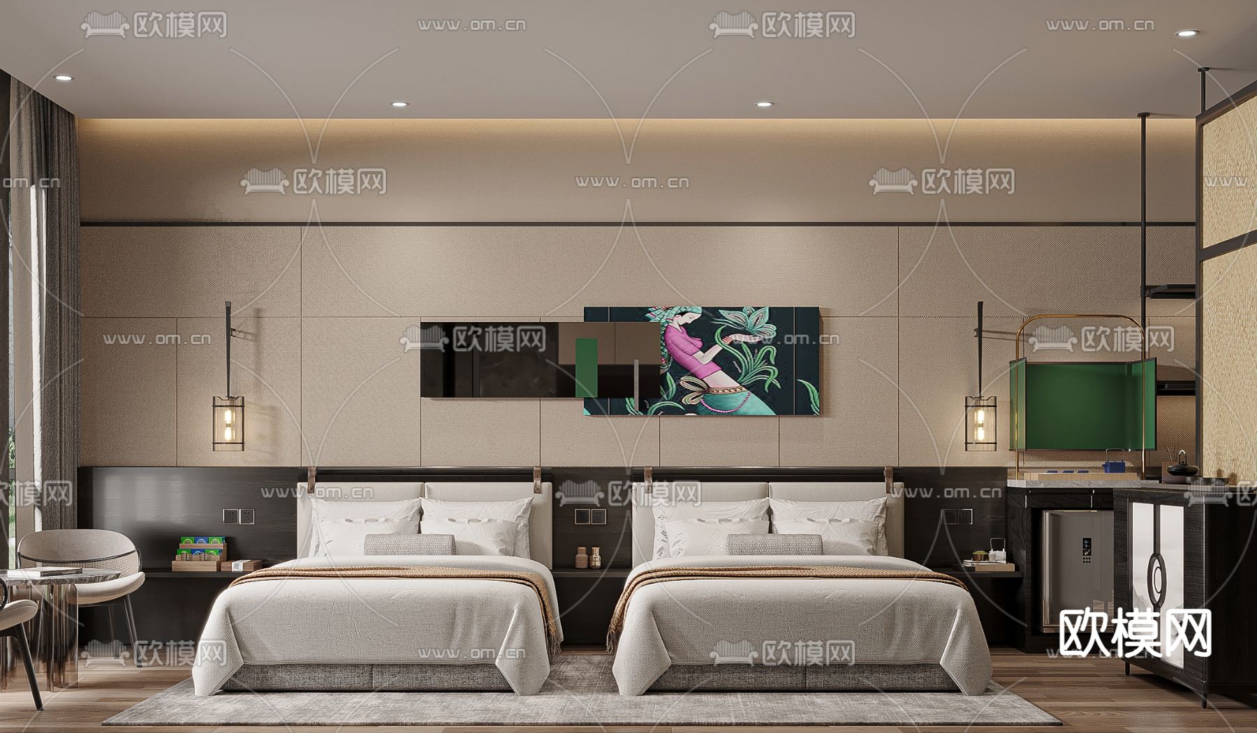 新中式酒店客房su模型下载（渲染图2）