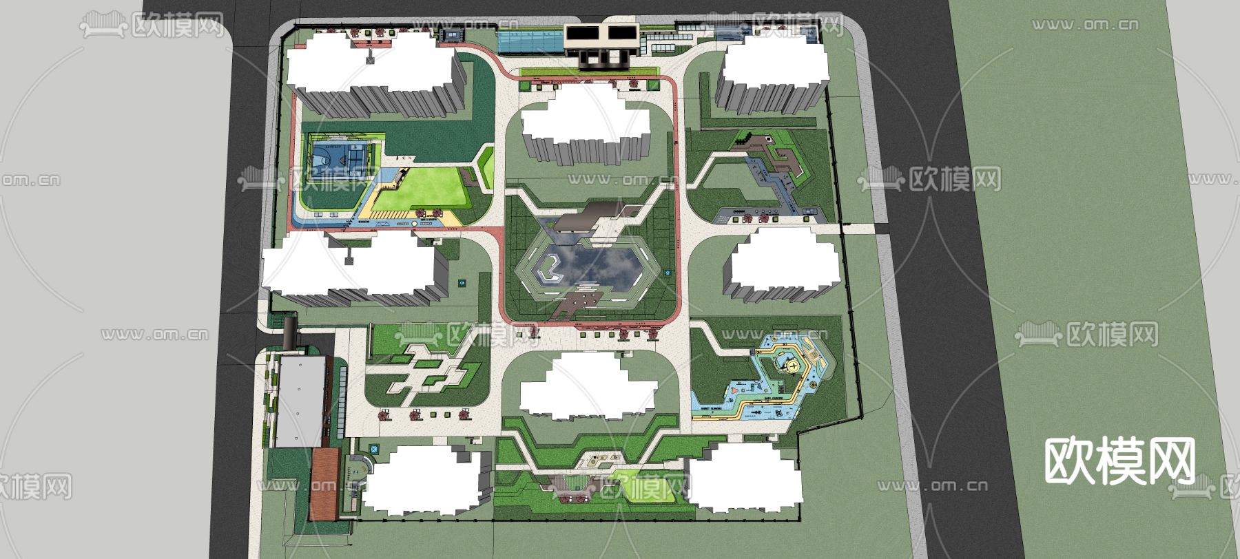 小区景观 休闲区域鸟瞰su模型下载（渲染图1）