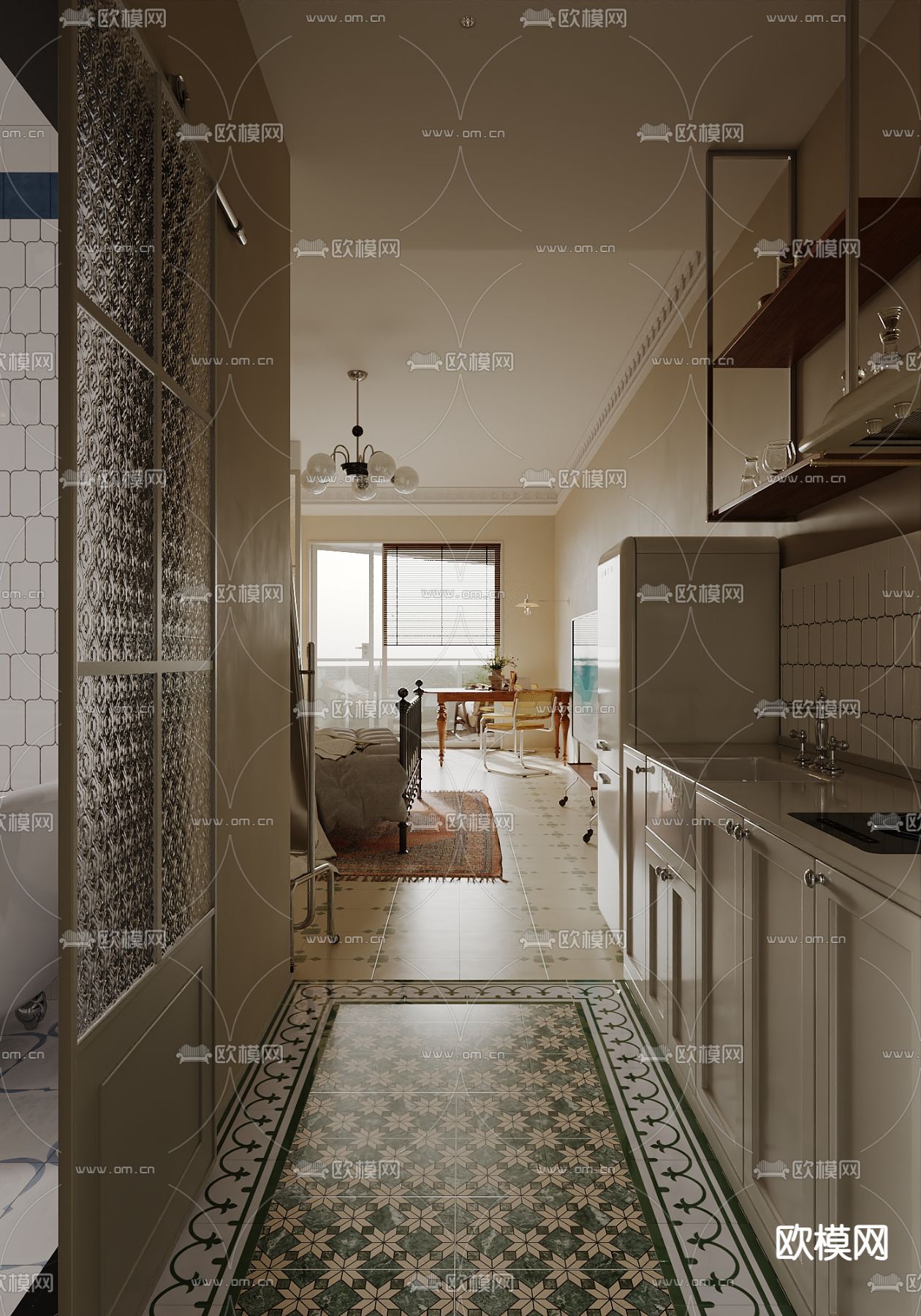 法式卧室 公寓 餐厅 厨房su模型下载（渲染图6）