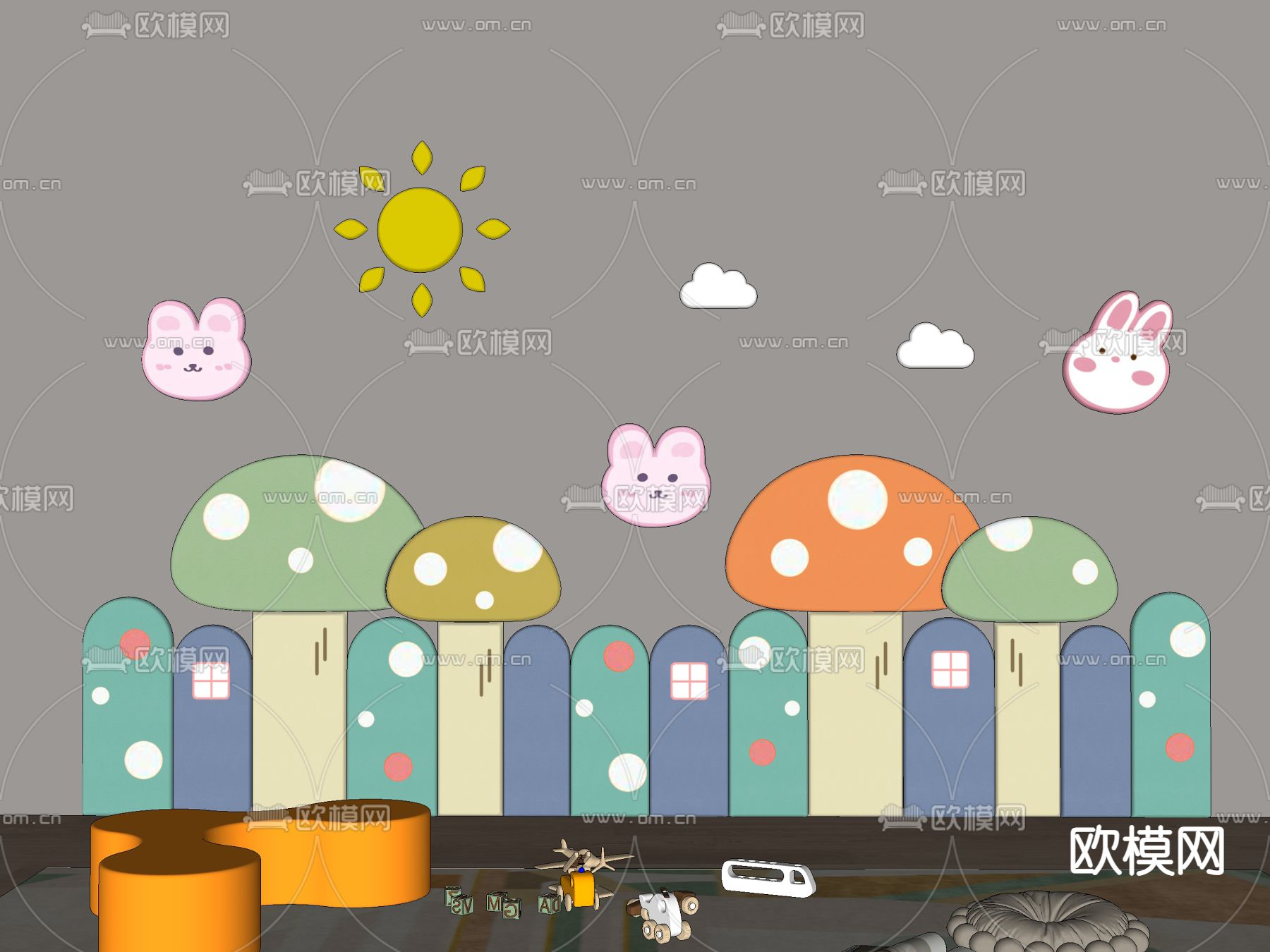 儿童房软包 硬包墙su模型下载（渲染图1）