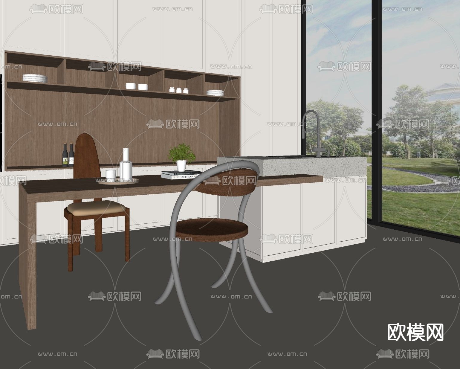 侘寂岛台餐桌椅su模型下载（渲染图1）