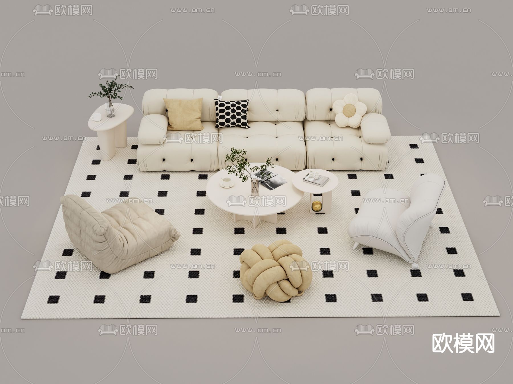 奶油风组合沙发su模型下载（渲染图2）