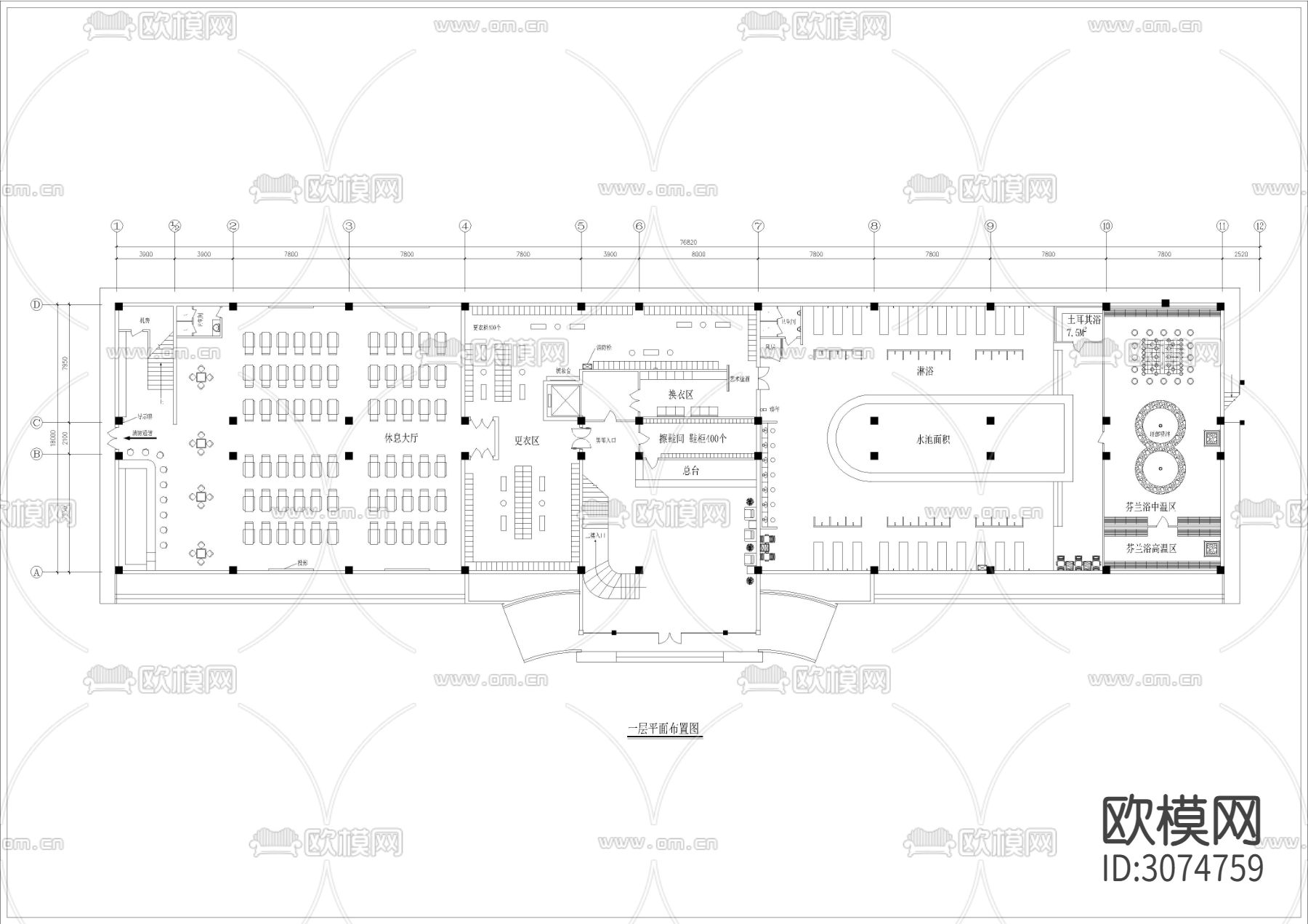6240㎡汤泉 水疗 洗浴中心cad施工图下载（渲染图3）