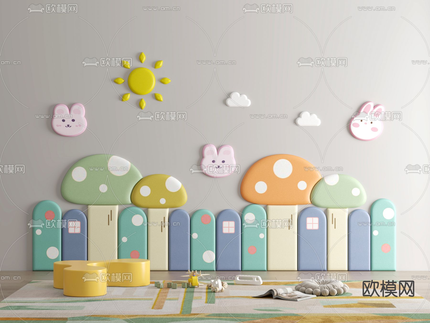 儿童房软包 硬包墙su模型下载（渲染图2）