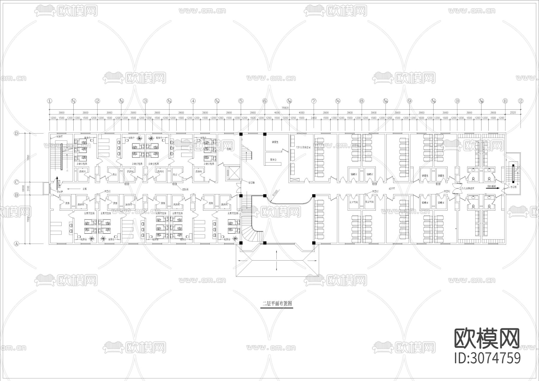 6240㎡汤泉 水疗 洗浴中心cad施工图下载（渲染图2）