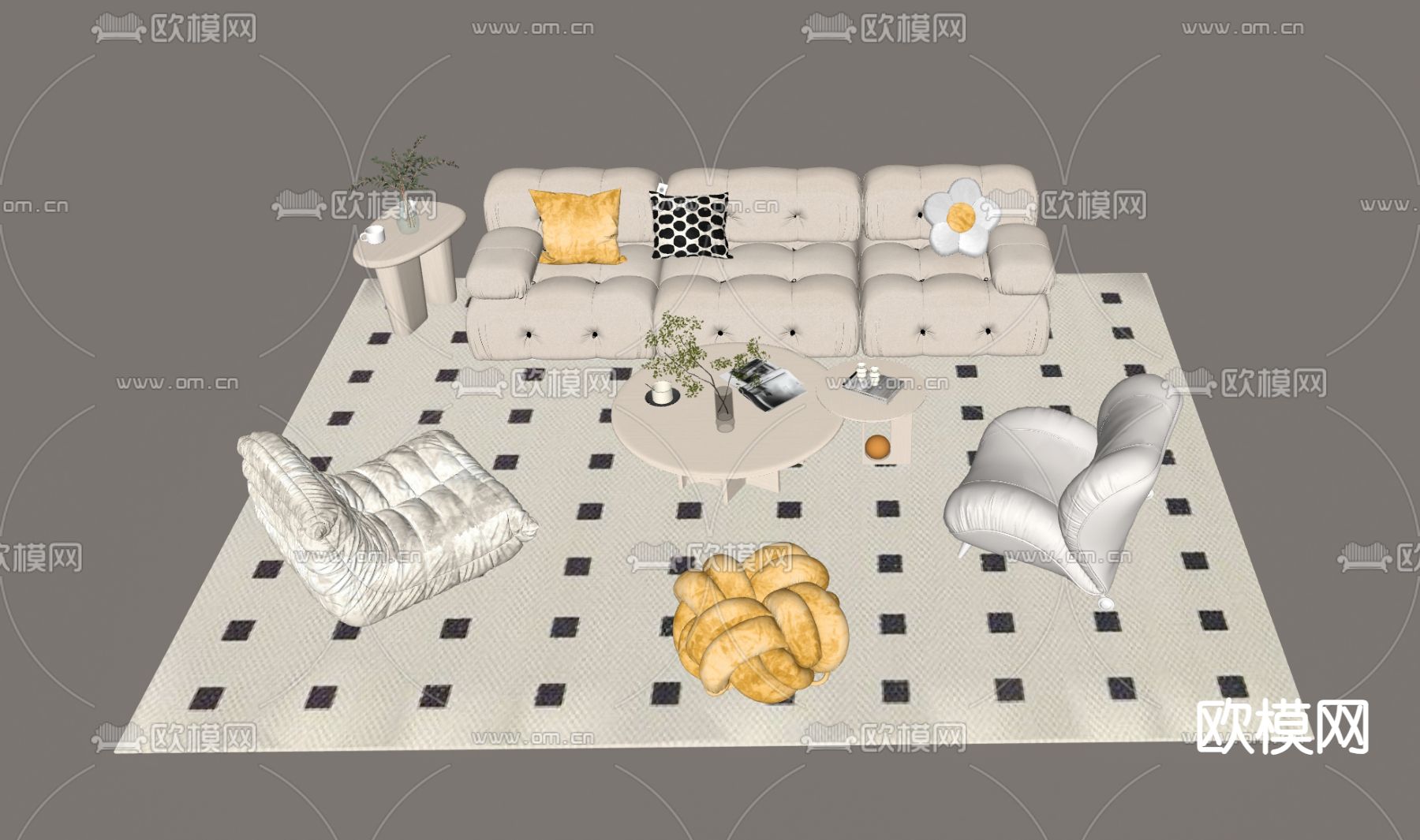 奶油风组合沙发su模型下载（渲染图1）