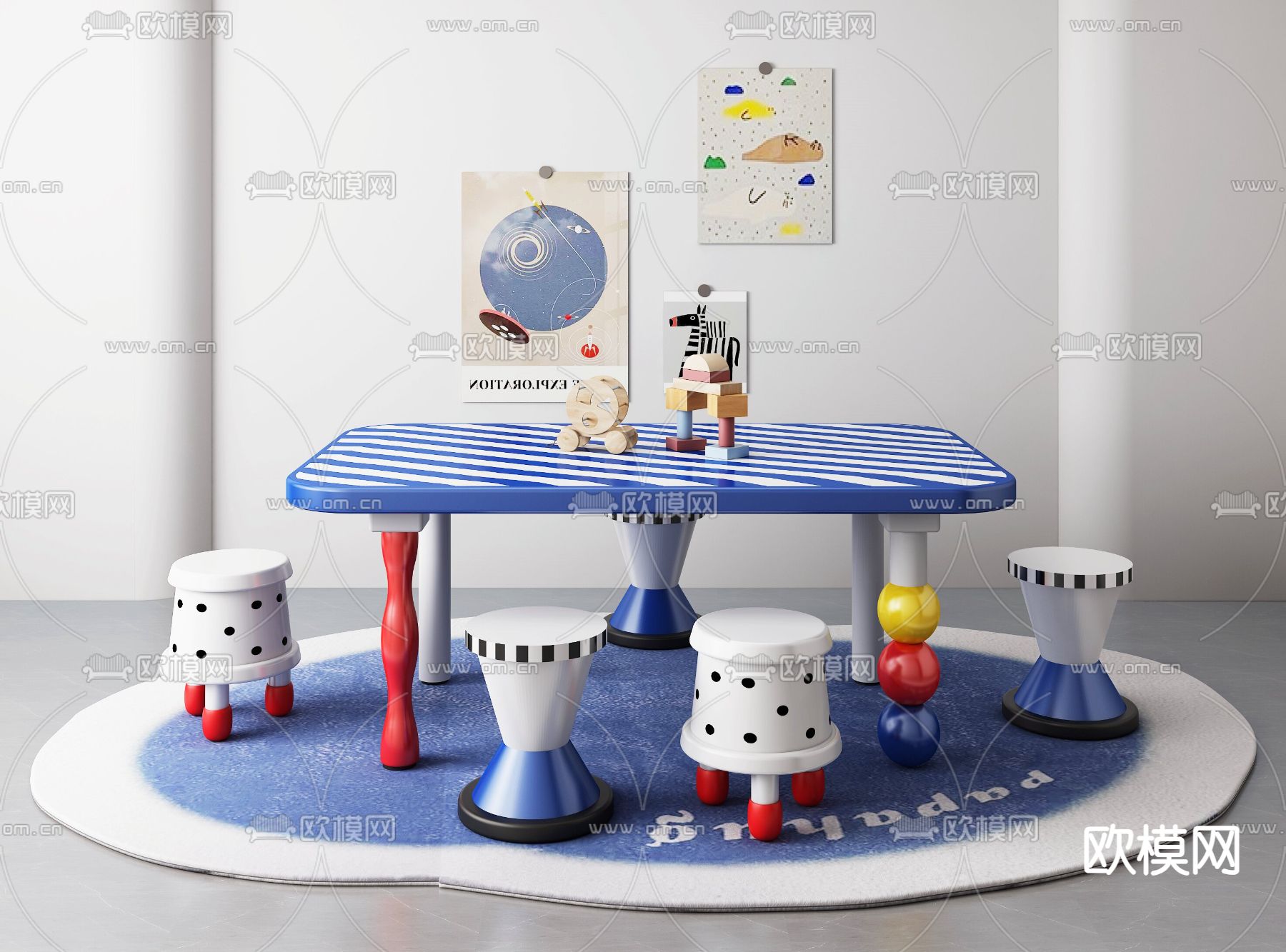 儿童桌椅 游戏桌椅3d模型下载（渲染图1）