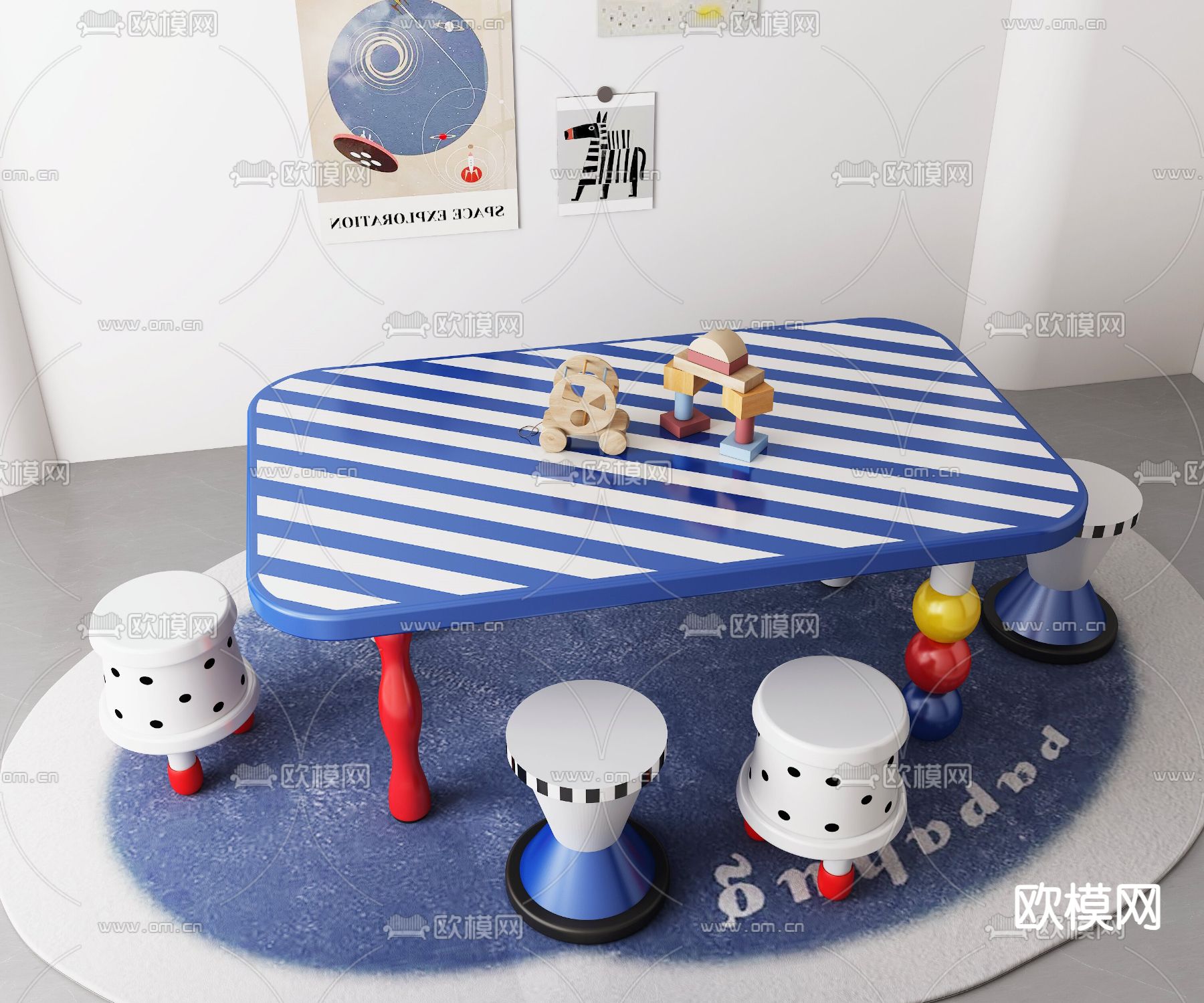 儿童桌椅 游戏桌椅3d模型下载（渲染图2）