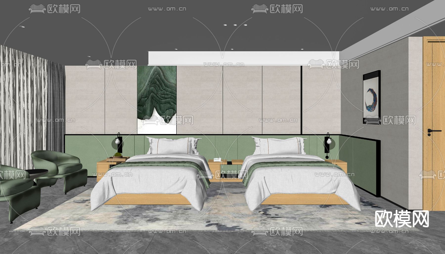 现代酒店客房su模型下载（渲染图1）