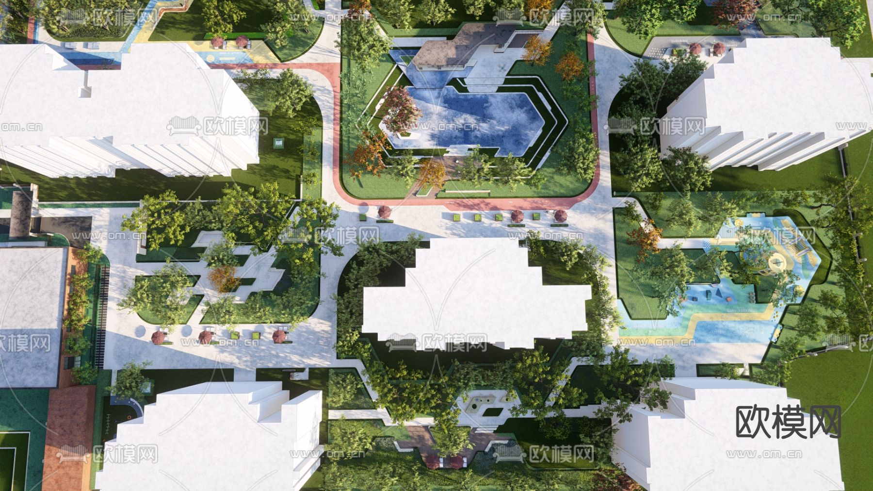 小区景观 休闲区域鸟瞰su模型下载（渲染图4）