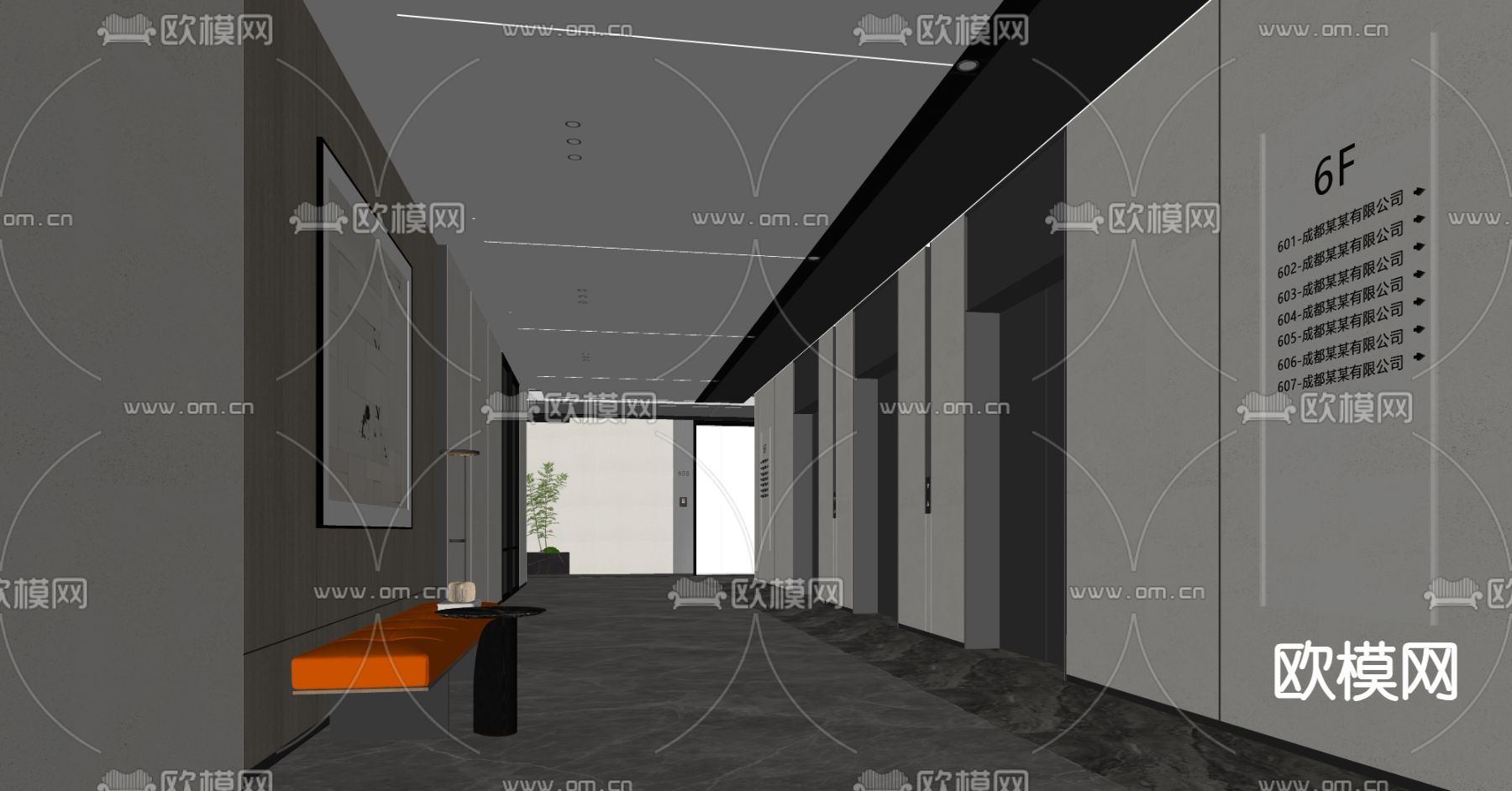 现代电梯厅 办公过道su模型下载（渲染图1）