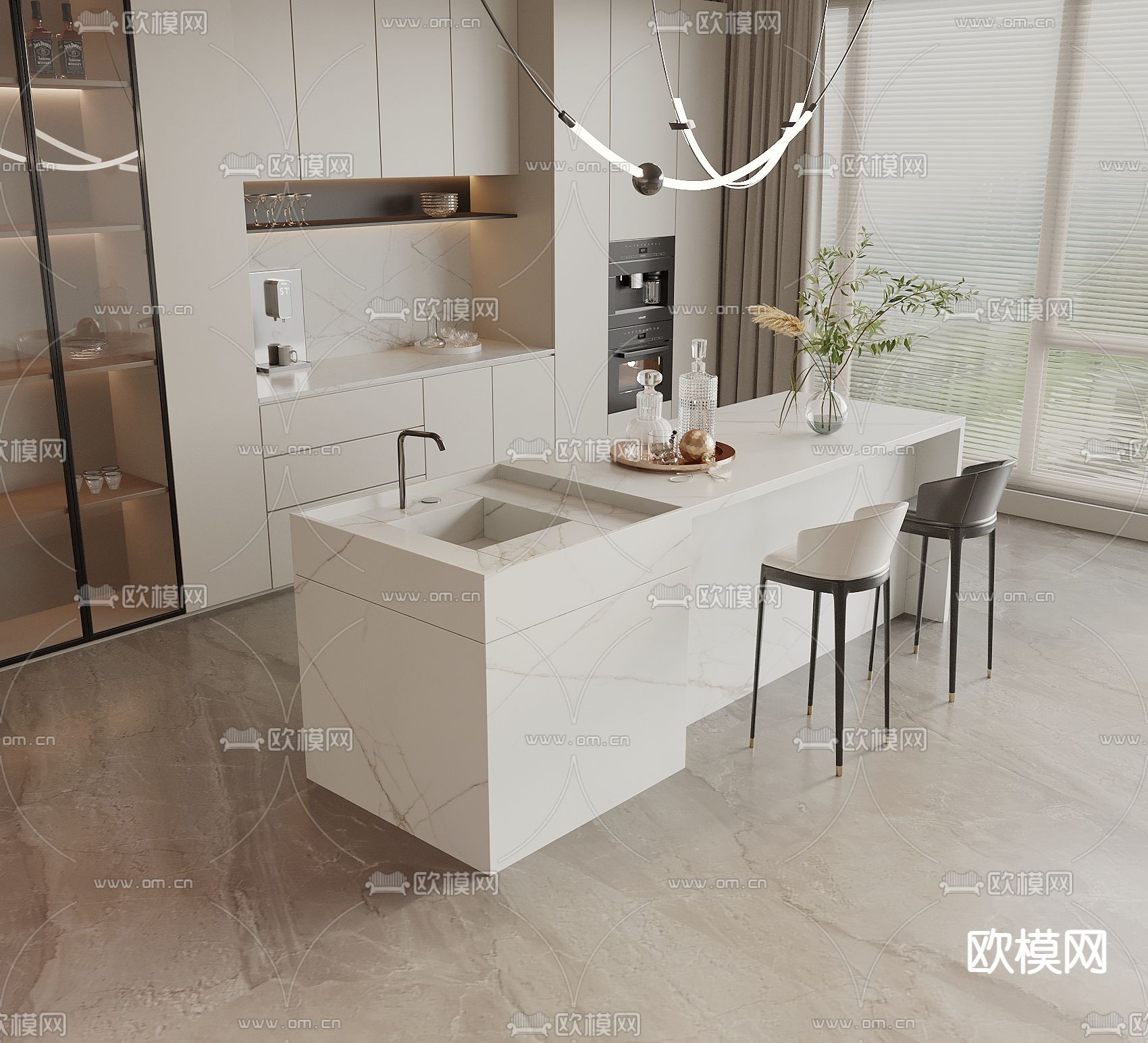 奶油风吧台 中岛台 橱酒柜3d模型下载