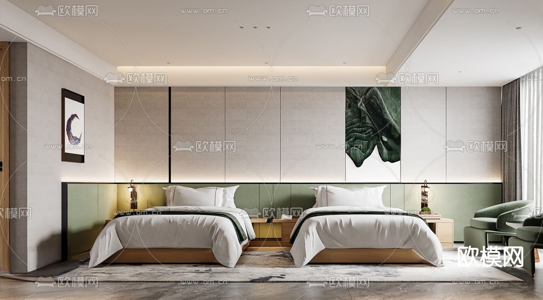 现代酒店客房su模型下载（渲染图2）