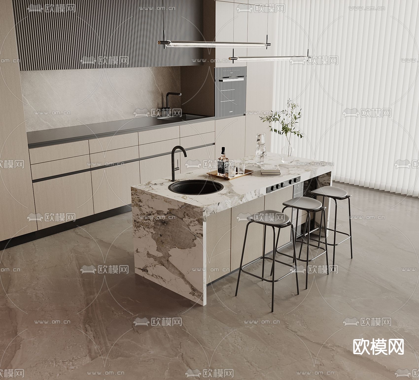 大理石吧台 中岛台 橱柜3d模型下载