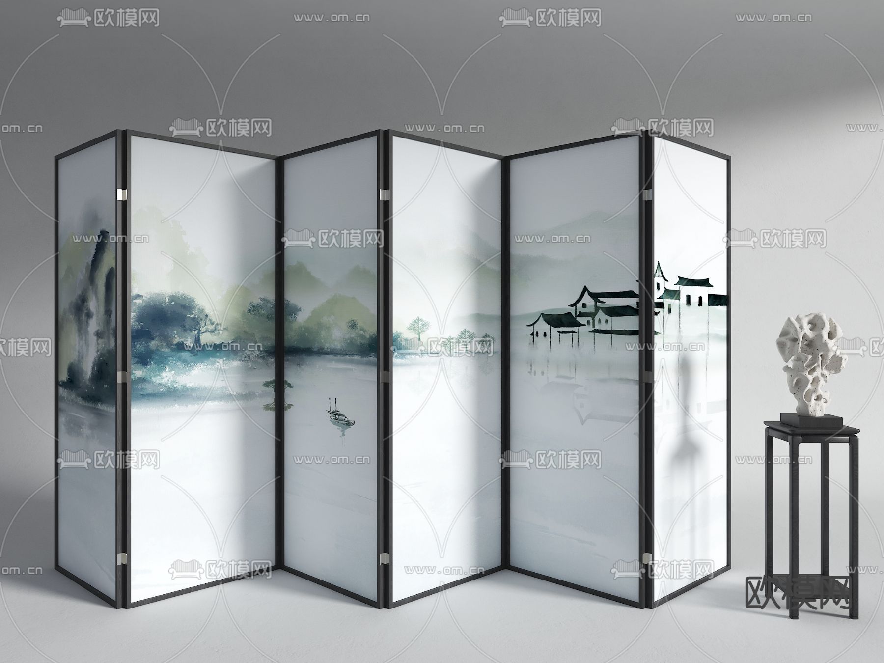 新中式山水画隔断 折叠屏风su模型下载（渲染图2）