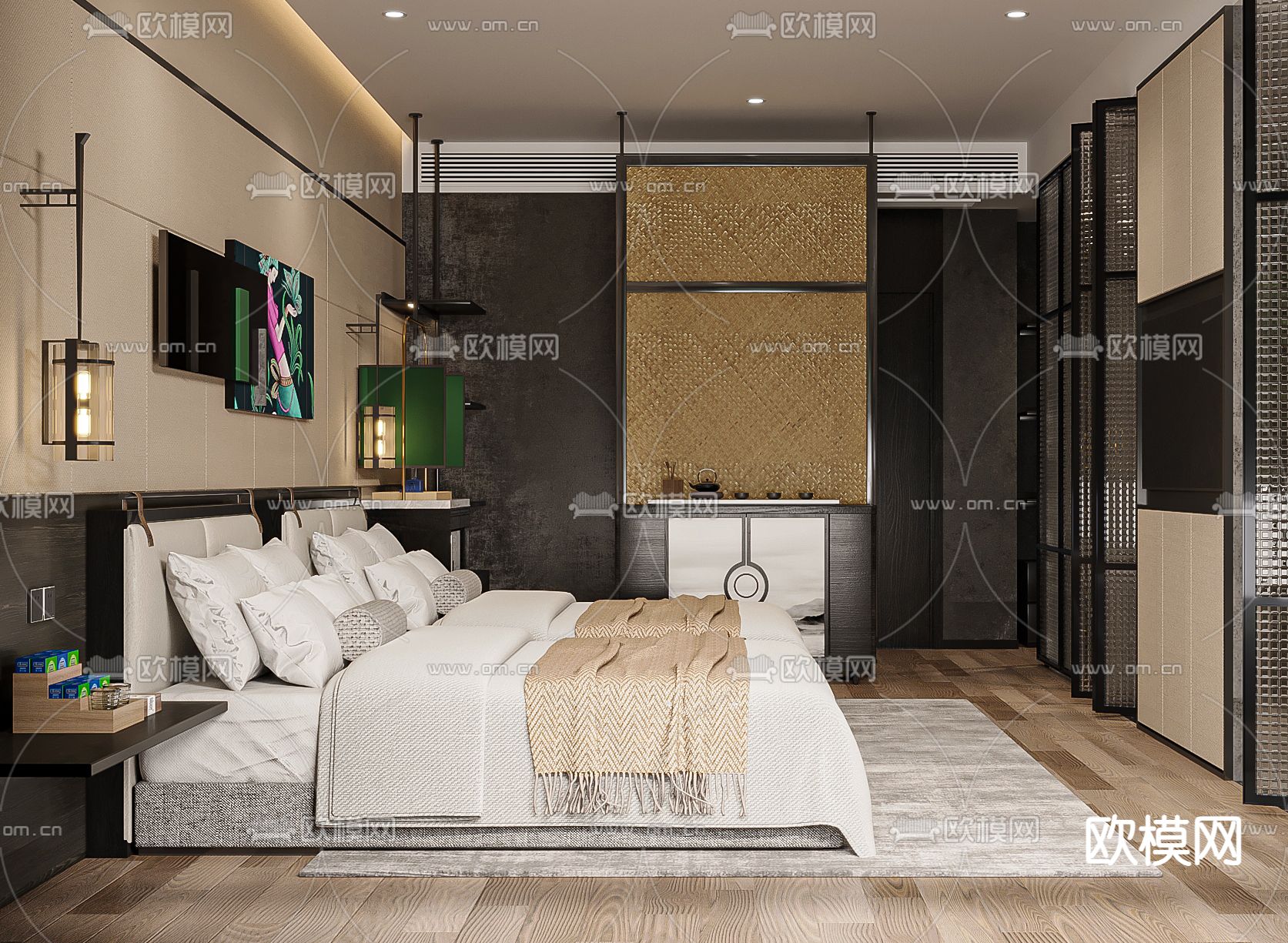 新中式酒店客房su模型下载（渲染图3）