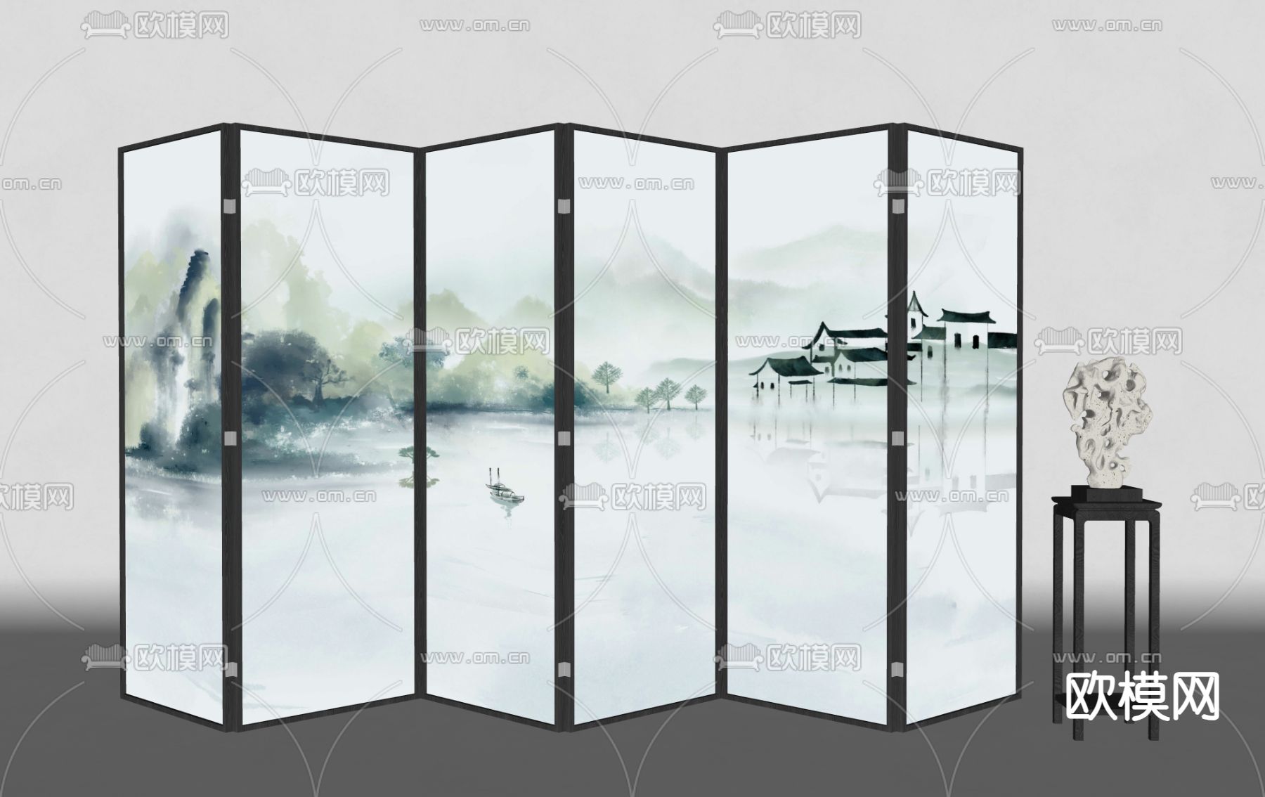 新中式山水画隔断 折叠屏风su模型下载（渲染图1）