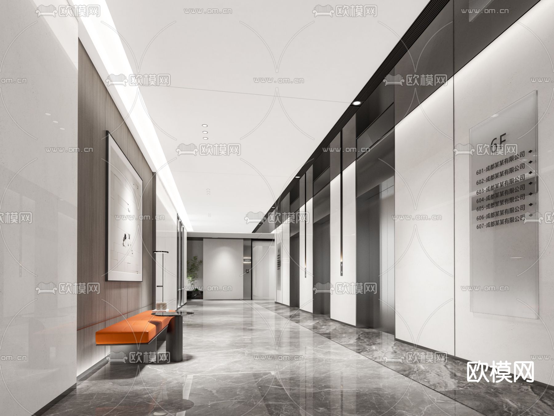 现代电梯厅 办公过道su模型下载（渲染图2）
