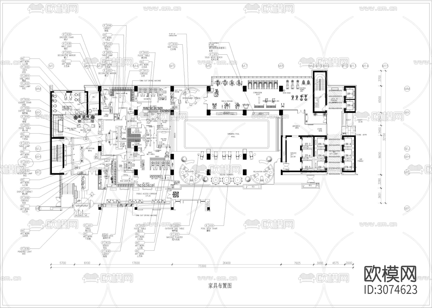 2030㎡洗浴 游泳 健身 水疗会所cad施工图下载（渲染图3）