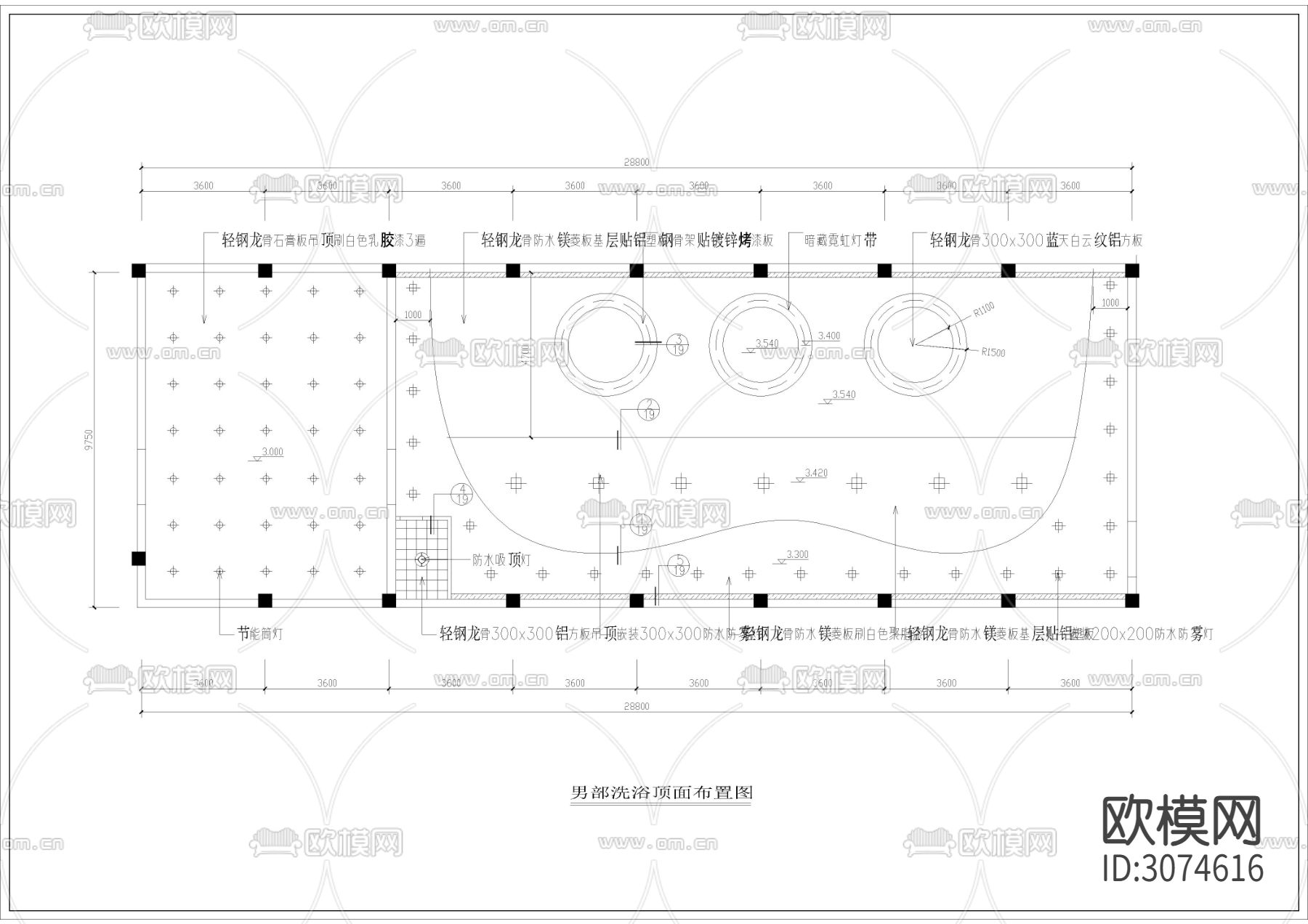 1250㎡汤泉 水疗 洗浴会所cad施工图下载（渲染图3）