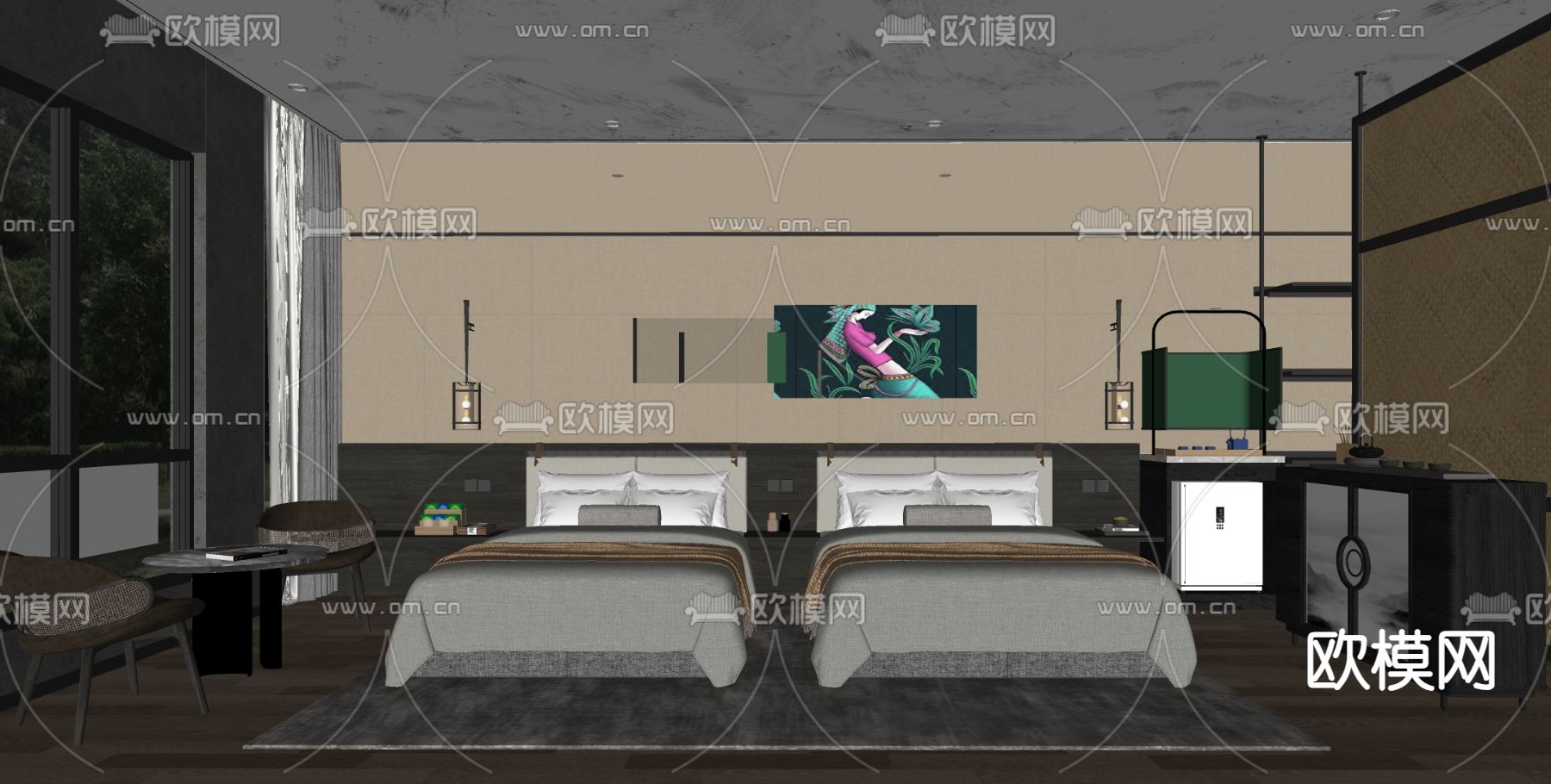 新中式酒店客房su模型下载（渲染图1）