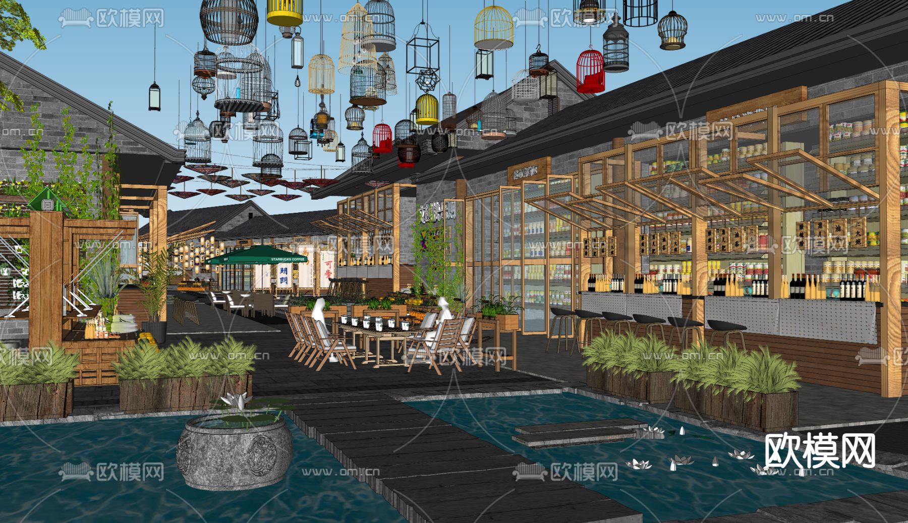 中式古镇商业街su模型下载（渲染图1）