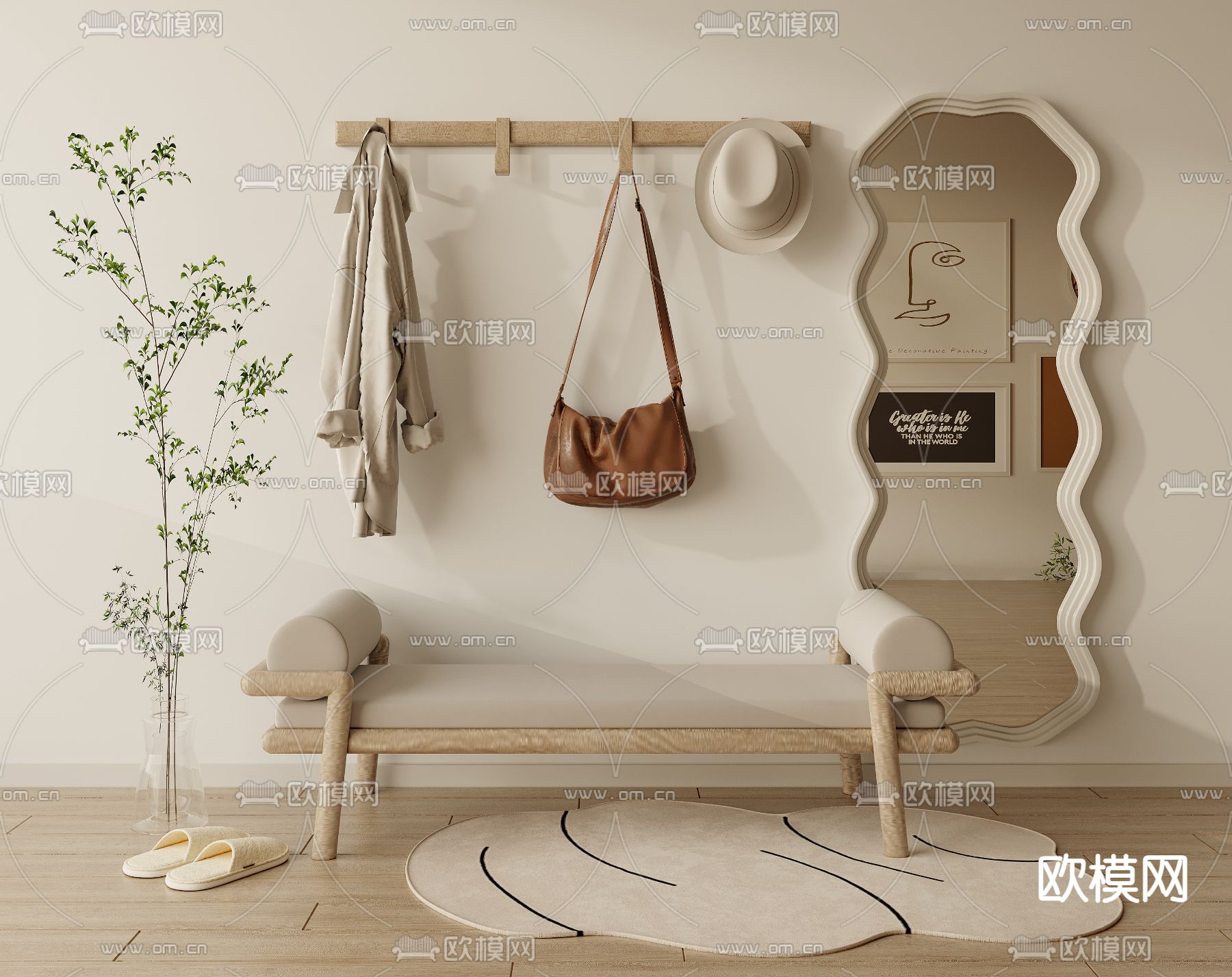 镜子 全身镜 穿衣镜 换鞋凳 衣帽架3d模型下载